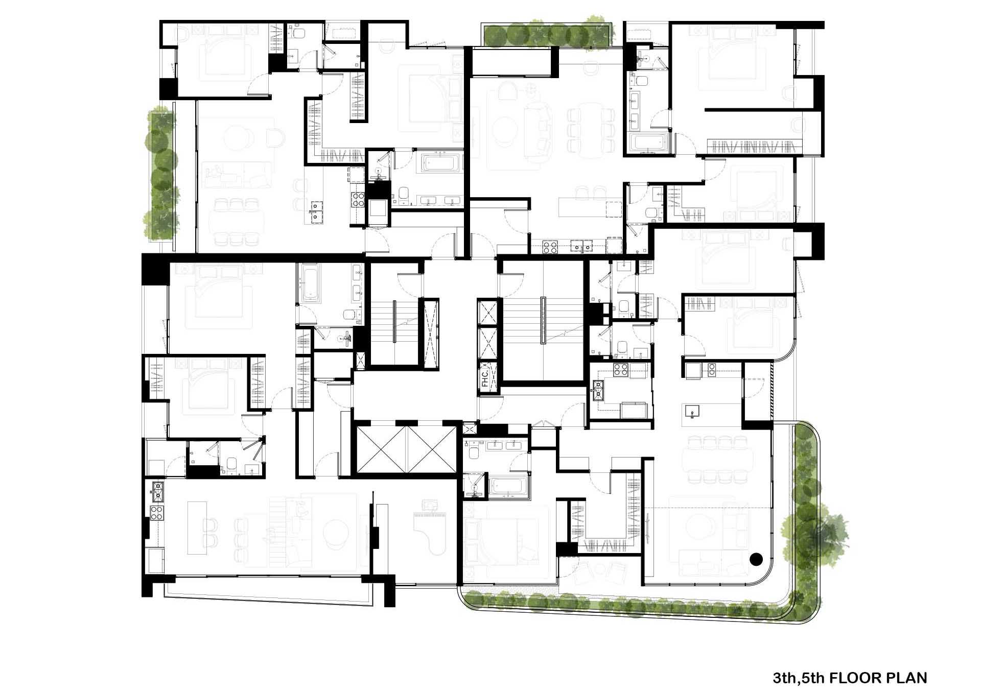 The floor plan of a modern condo building.