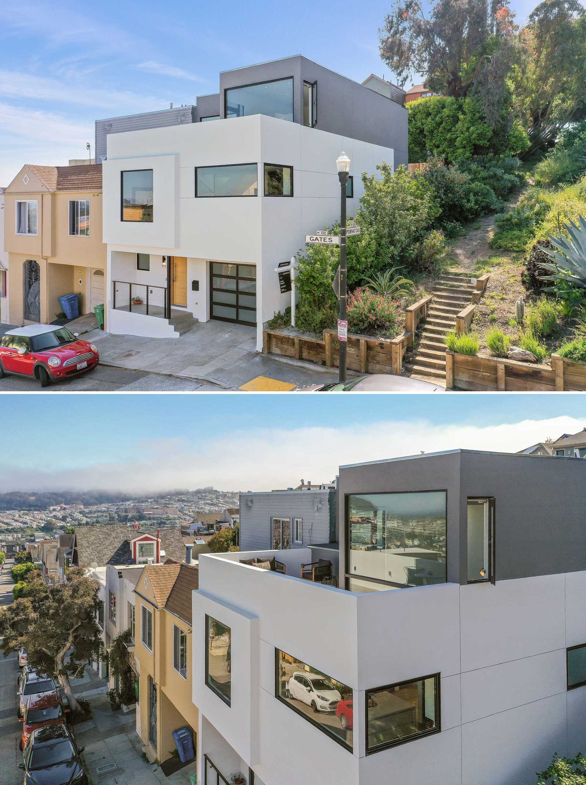 A renovated home includes a new third-floor cantilevered off the back, adding nearly 900 sqft of space.