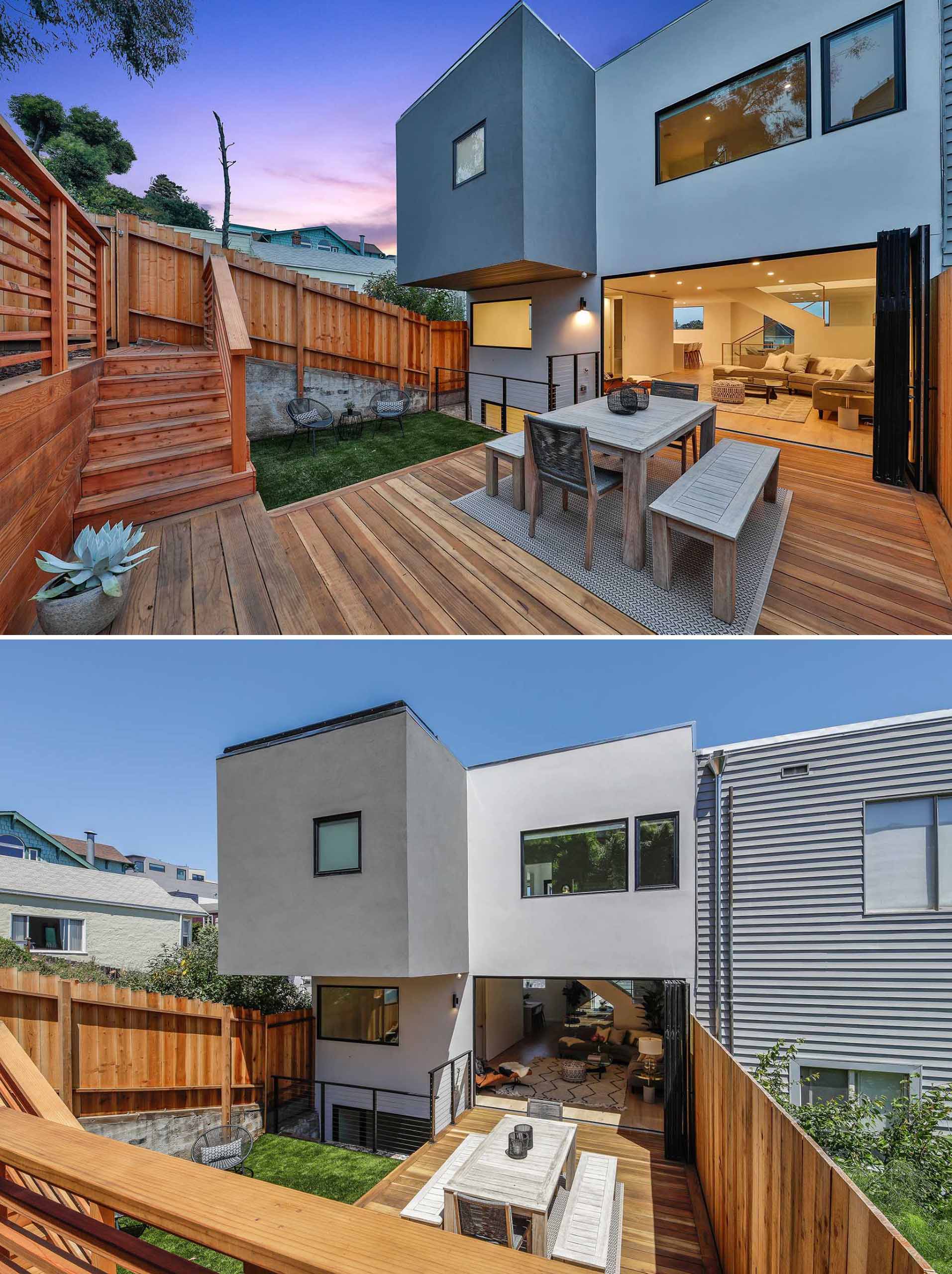 A modern renovated house with a rear deck for outdoor dining.
