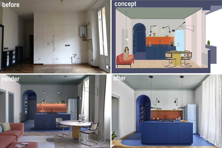 Before & After - A Remodeled Apartment Interior Uses Bold Colors In Its Design
