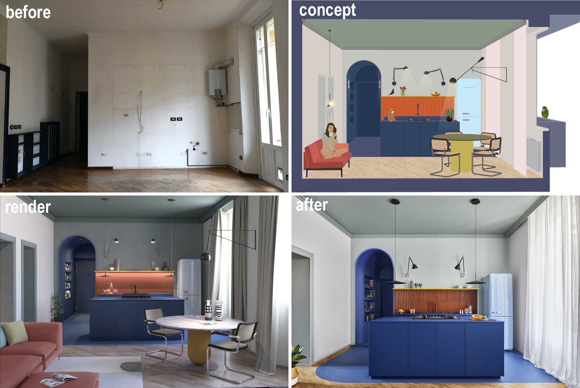 The transformation of an apartment from the 'before', to the concept stage, renderings, and final photos.