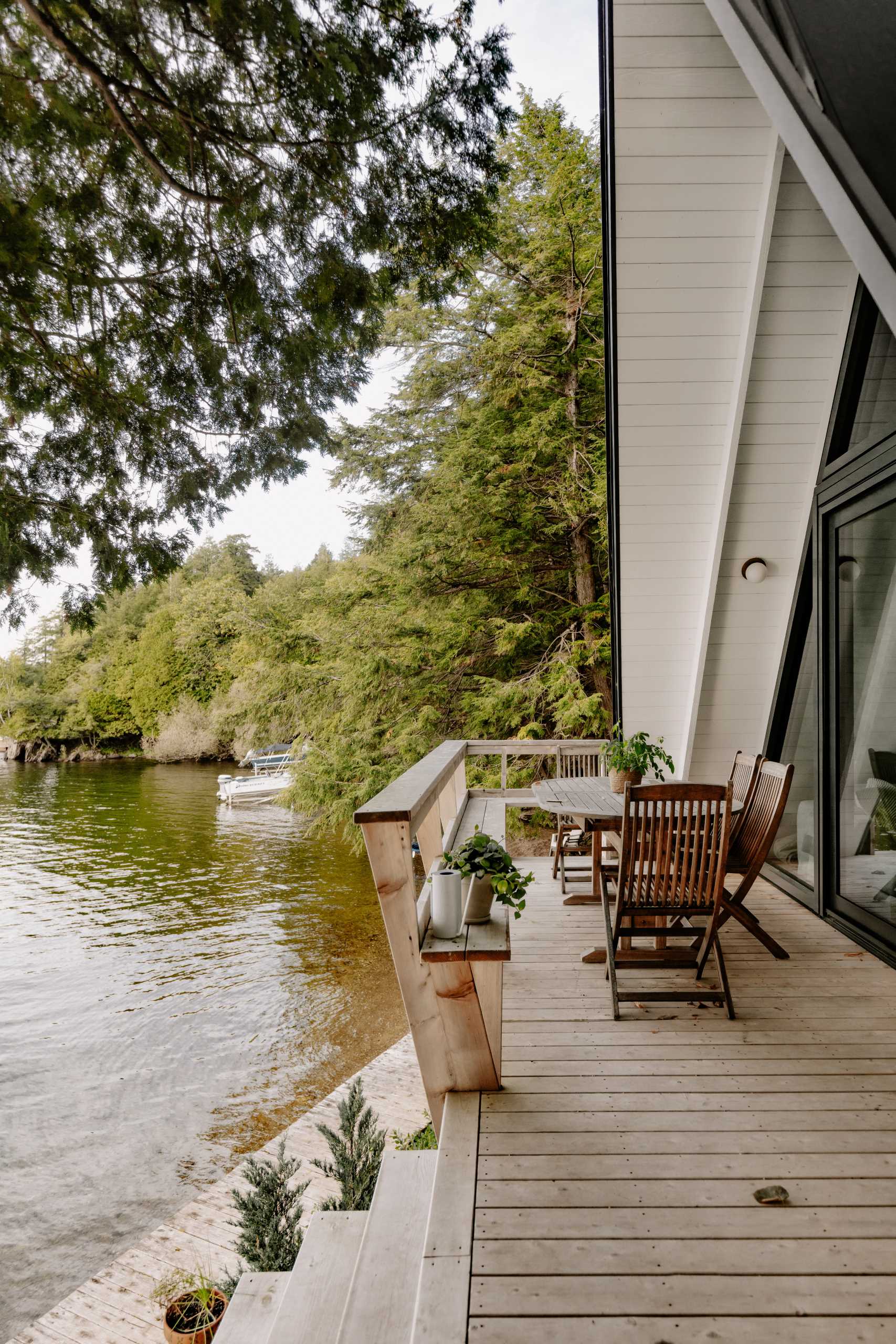 The deck of an A-Frame cabin.