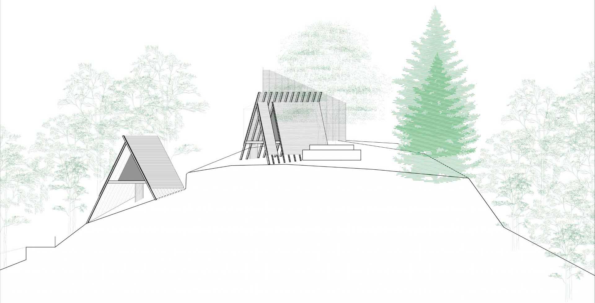 Architectural drawings and plans for a collection of A-frame cabins.