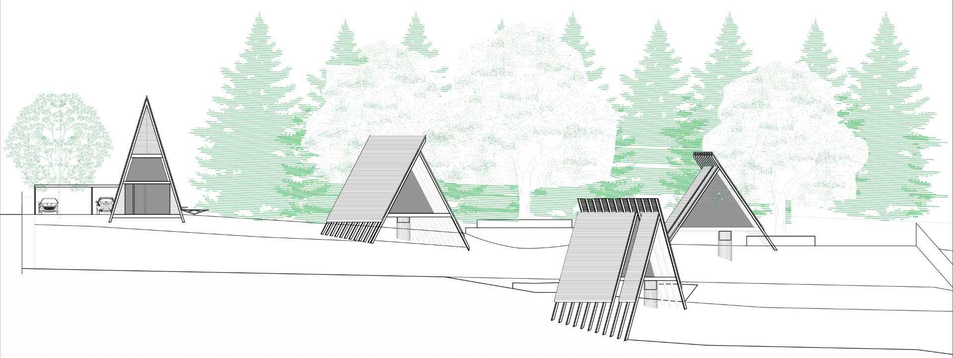 Architectural drawings and plans for a collection of A-frame cabins.