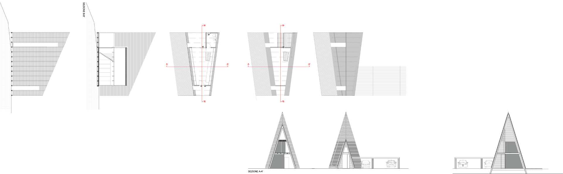 Architectural drawings and plans for a collection of A-frame cabins.