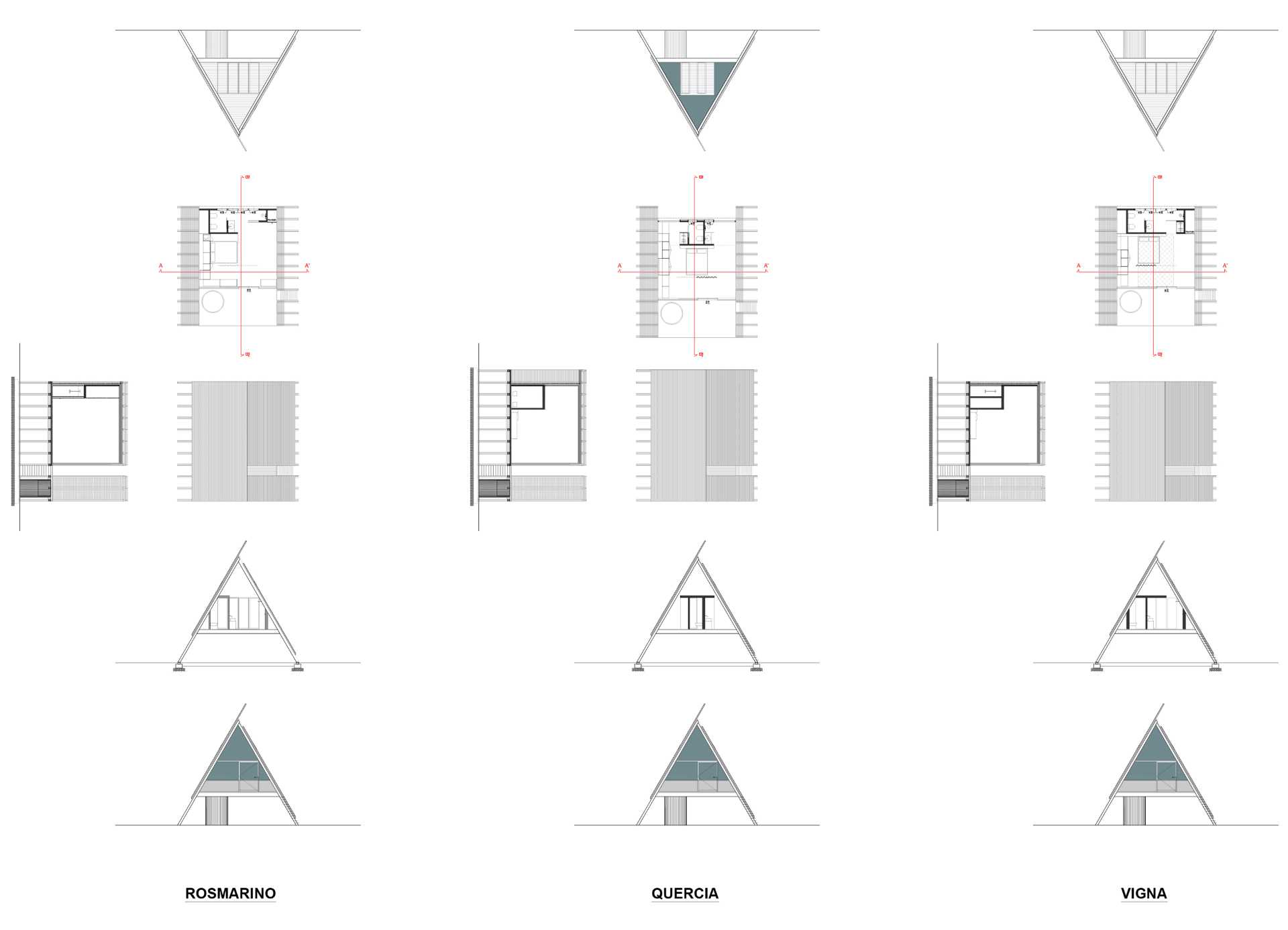 Architectural drawings and plans for a collection of A-frame cabins.