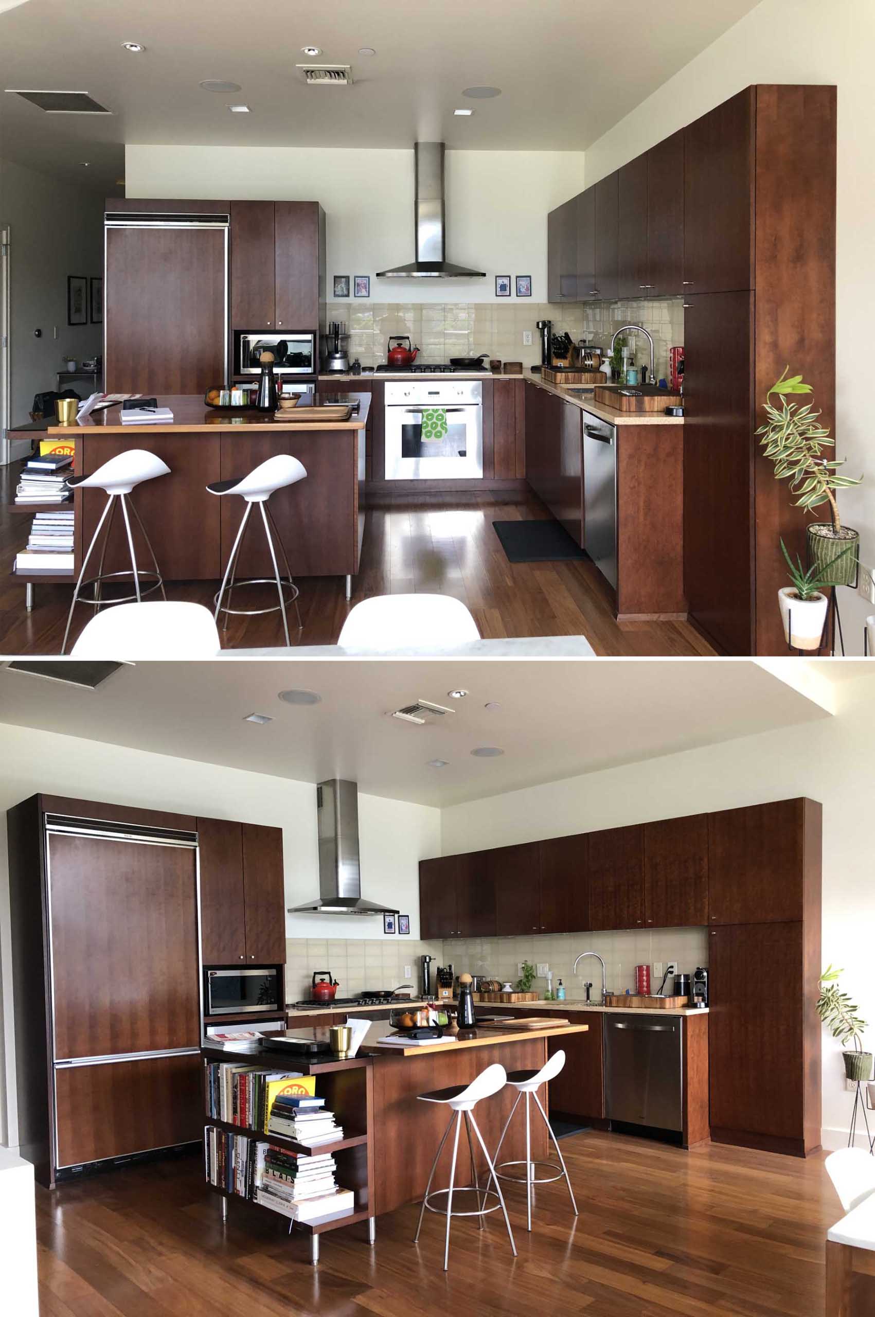 Before photo of a kitchen with dark wood cabinets.