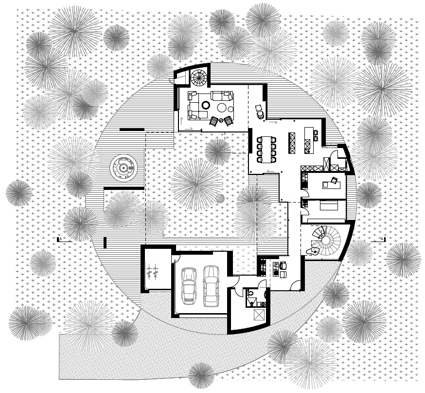 The floor plan of a modern round home.
