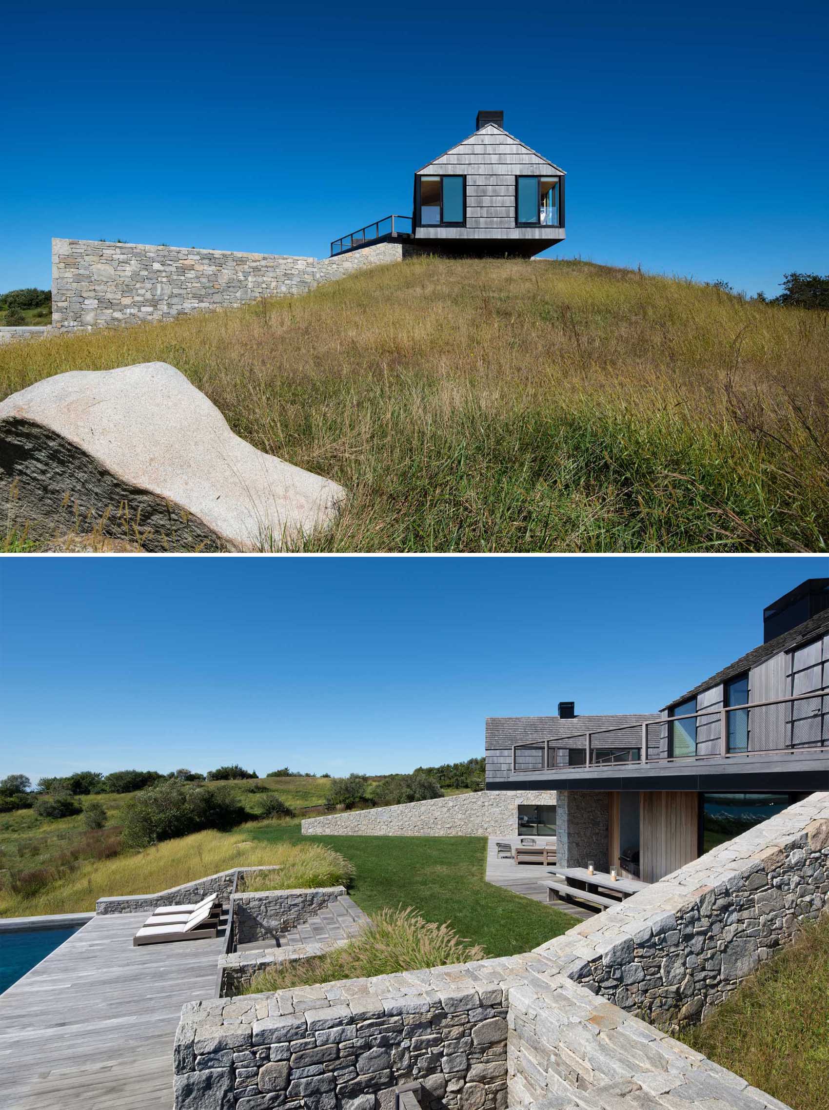 A modern home with two stone and shingle "cottages" connected by an open living room, dining area, and kitchen.