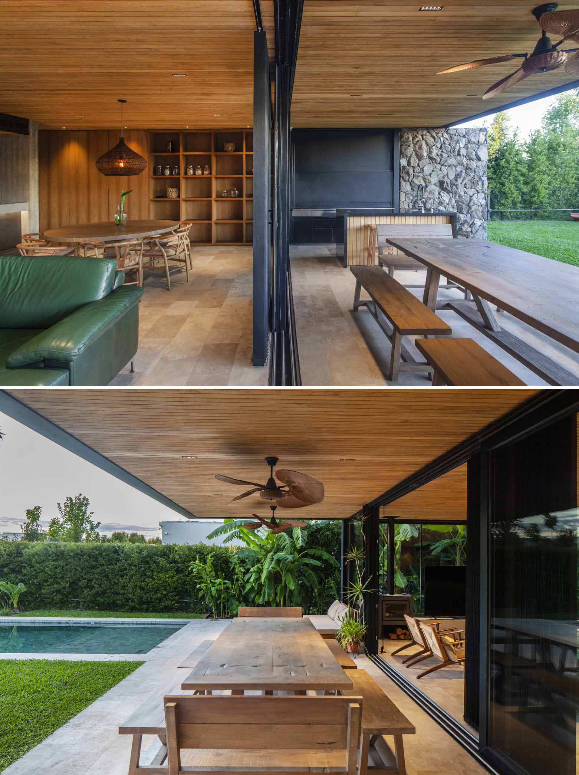 Sliding doors connect the interior and outdoor social spaces of this home.