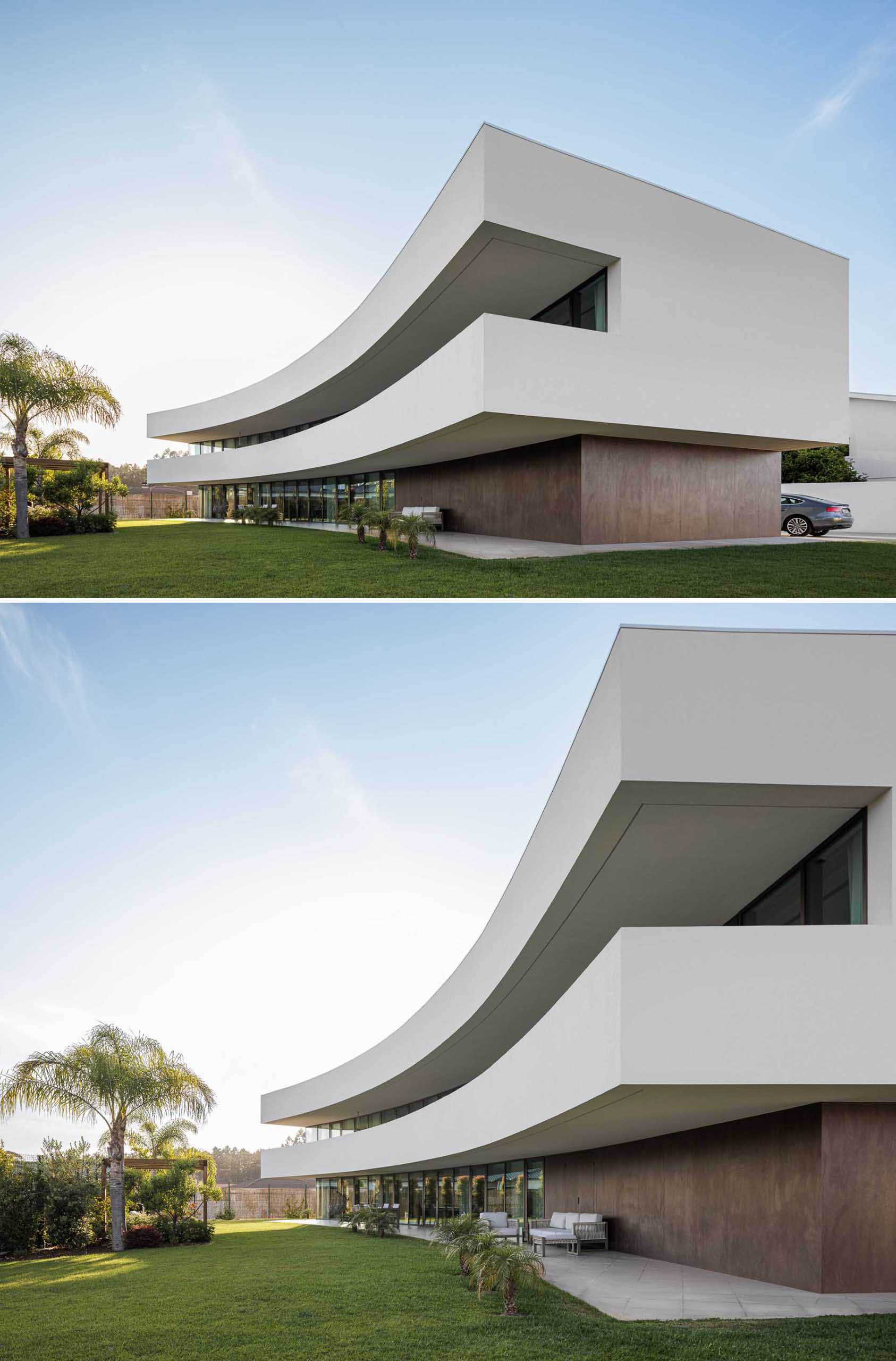 Through its shape and arrangement, this curved home protects itself from the busy road, while also opening up the interior to the outdoor spaces, like the yard and balcony.