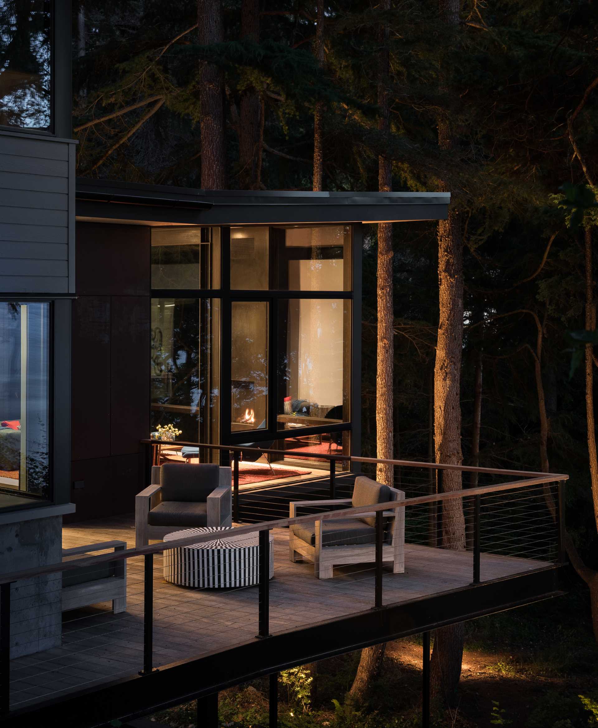 A modern home with a suspended living room.