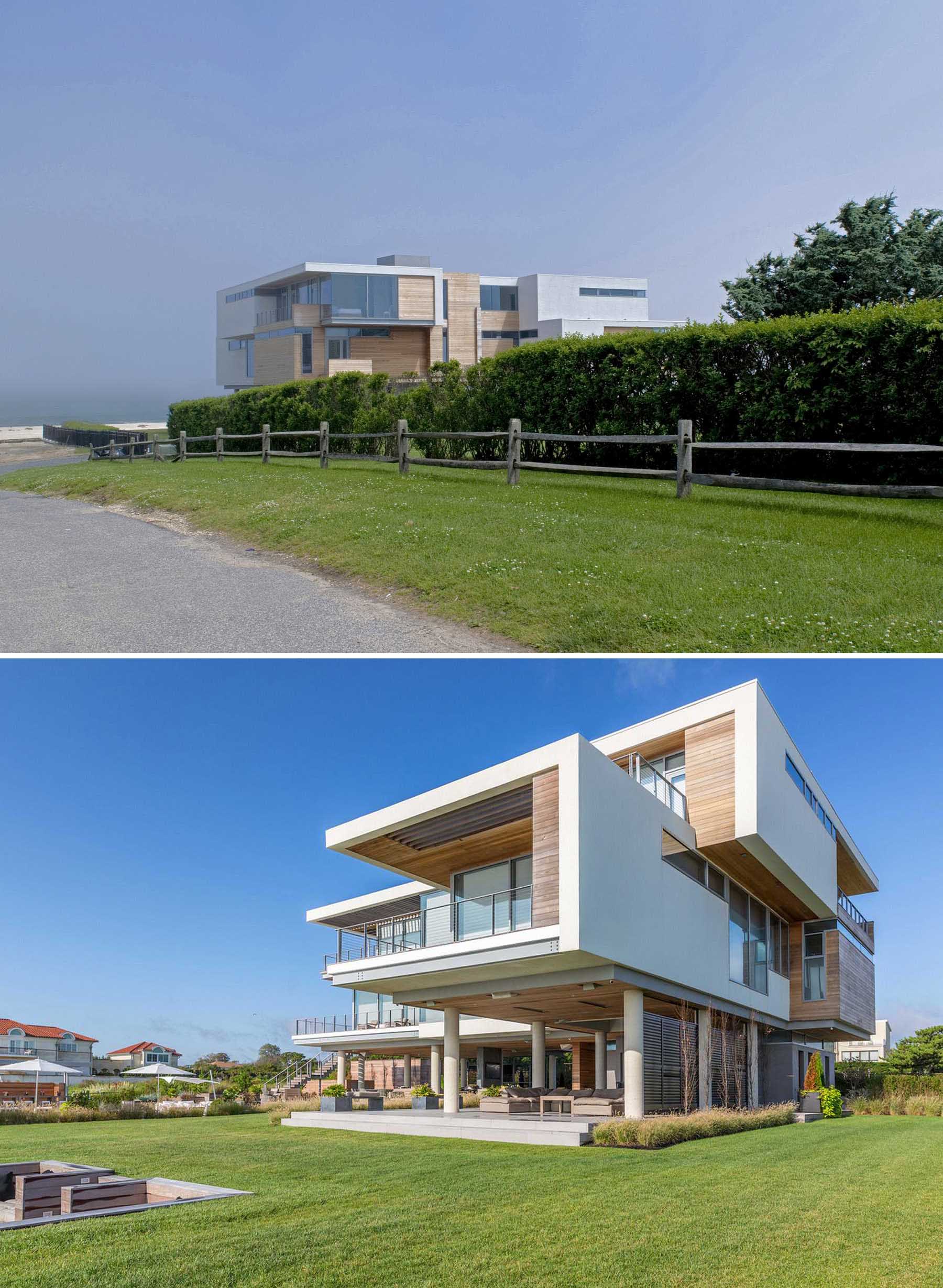 A modern hurricane-proof house is cantilevered atop 12-foot concrete piers.