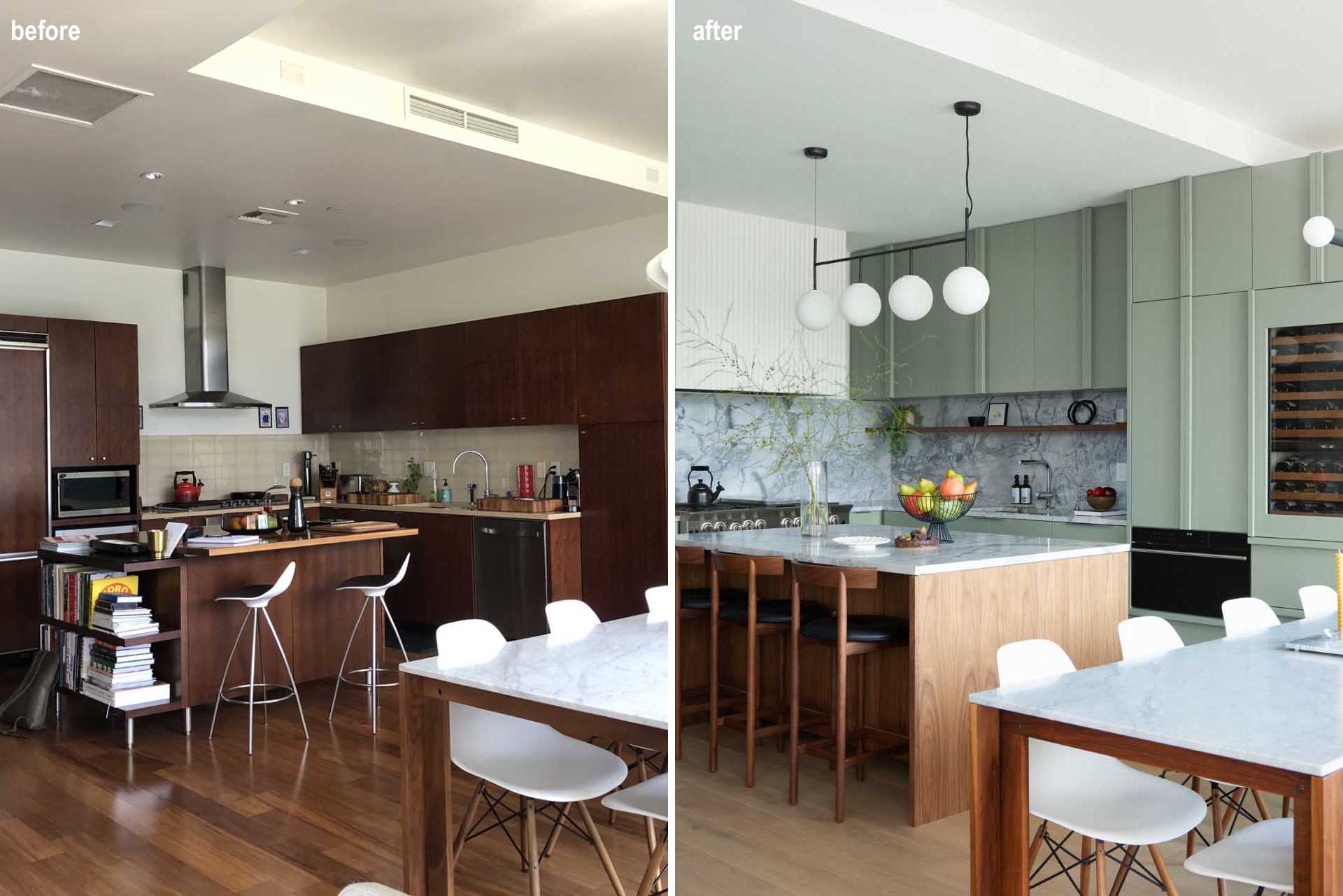 Before & After - A remodeled kitchen with matte green cabinets.