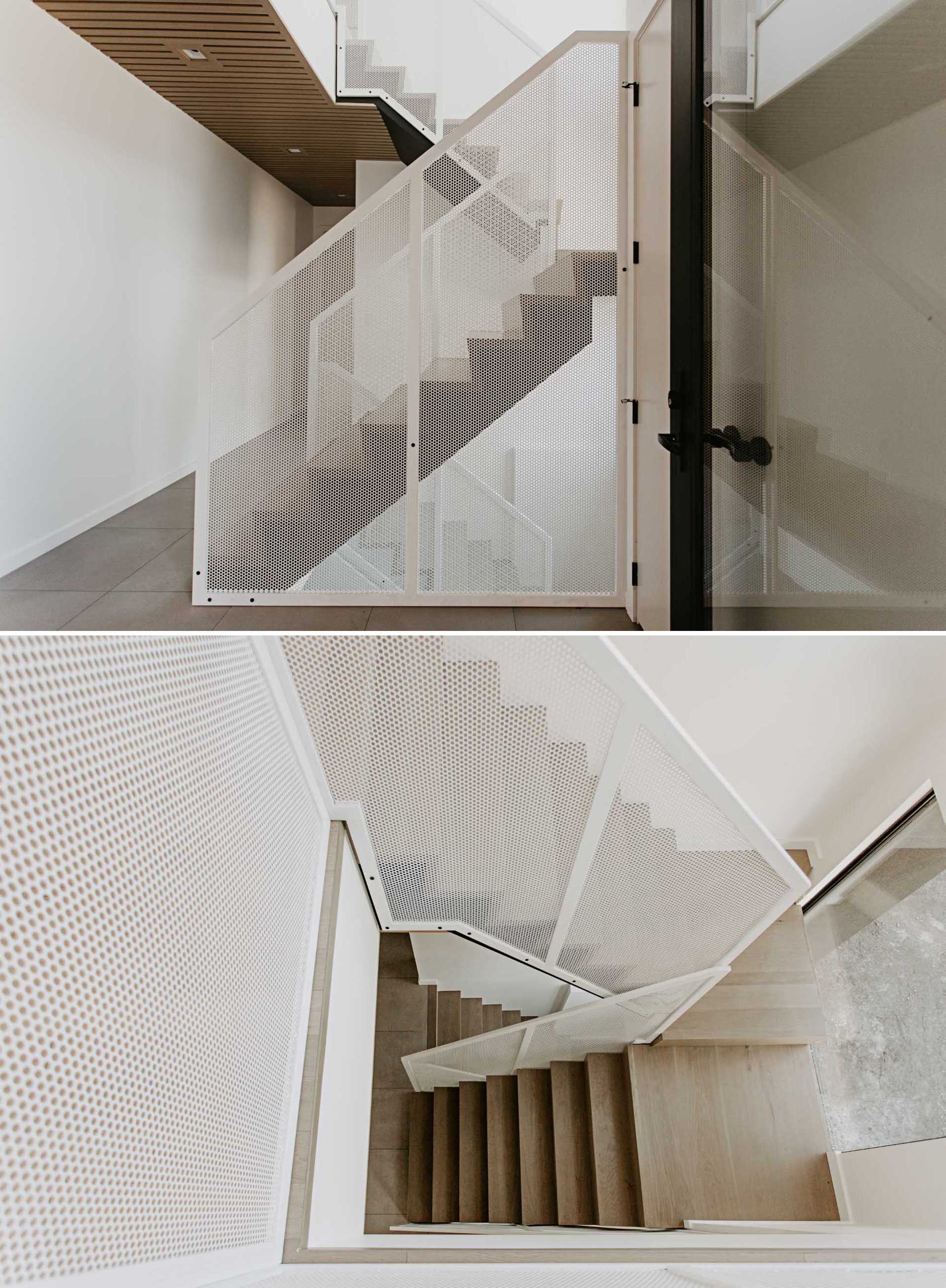Modern wood stairs with perforated metal panels.