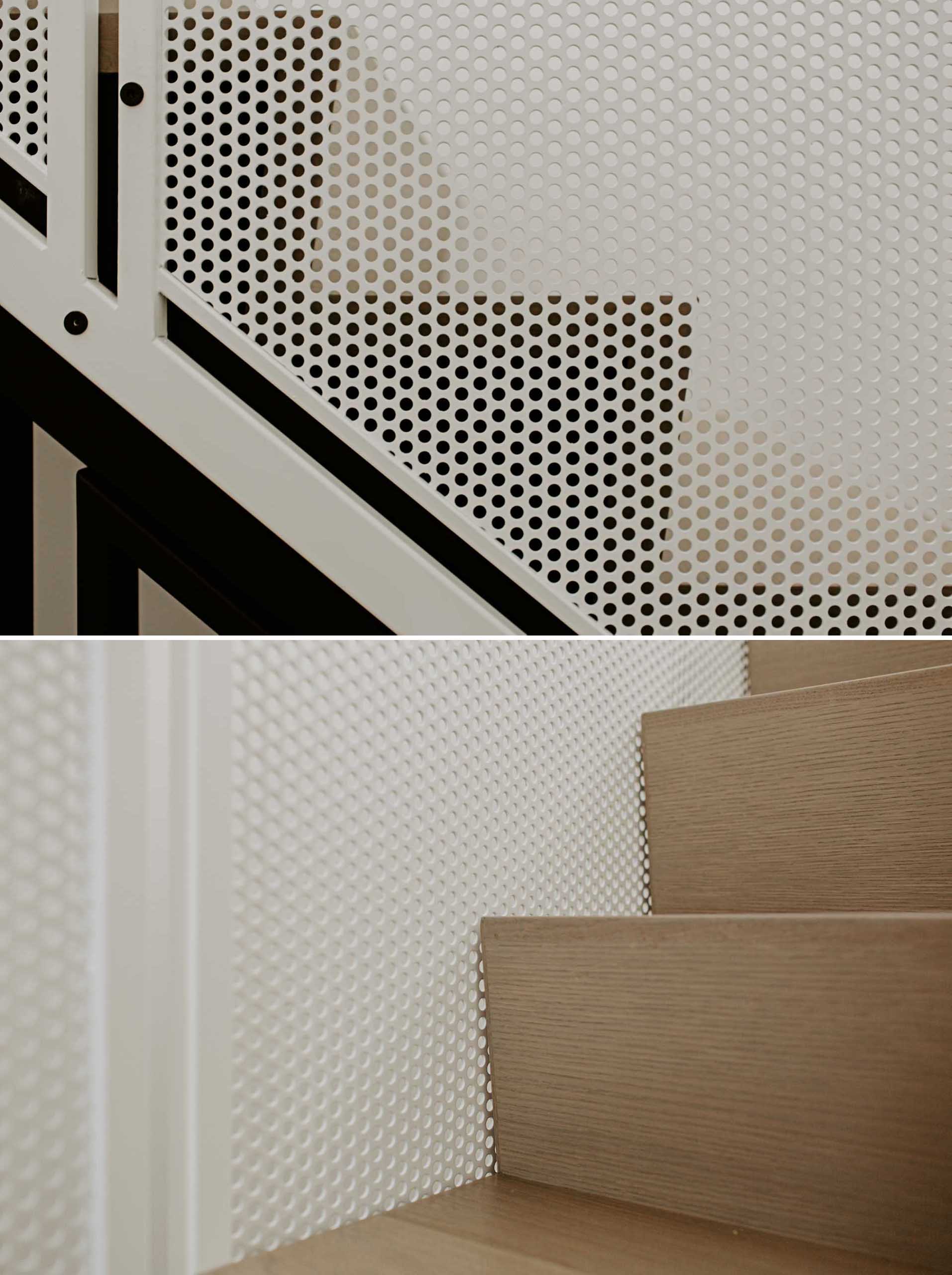 Modern wood stairs with perforated metal panels.