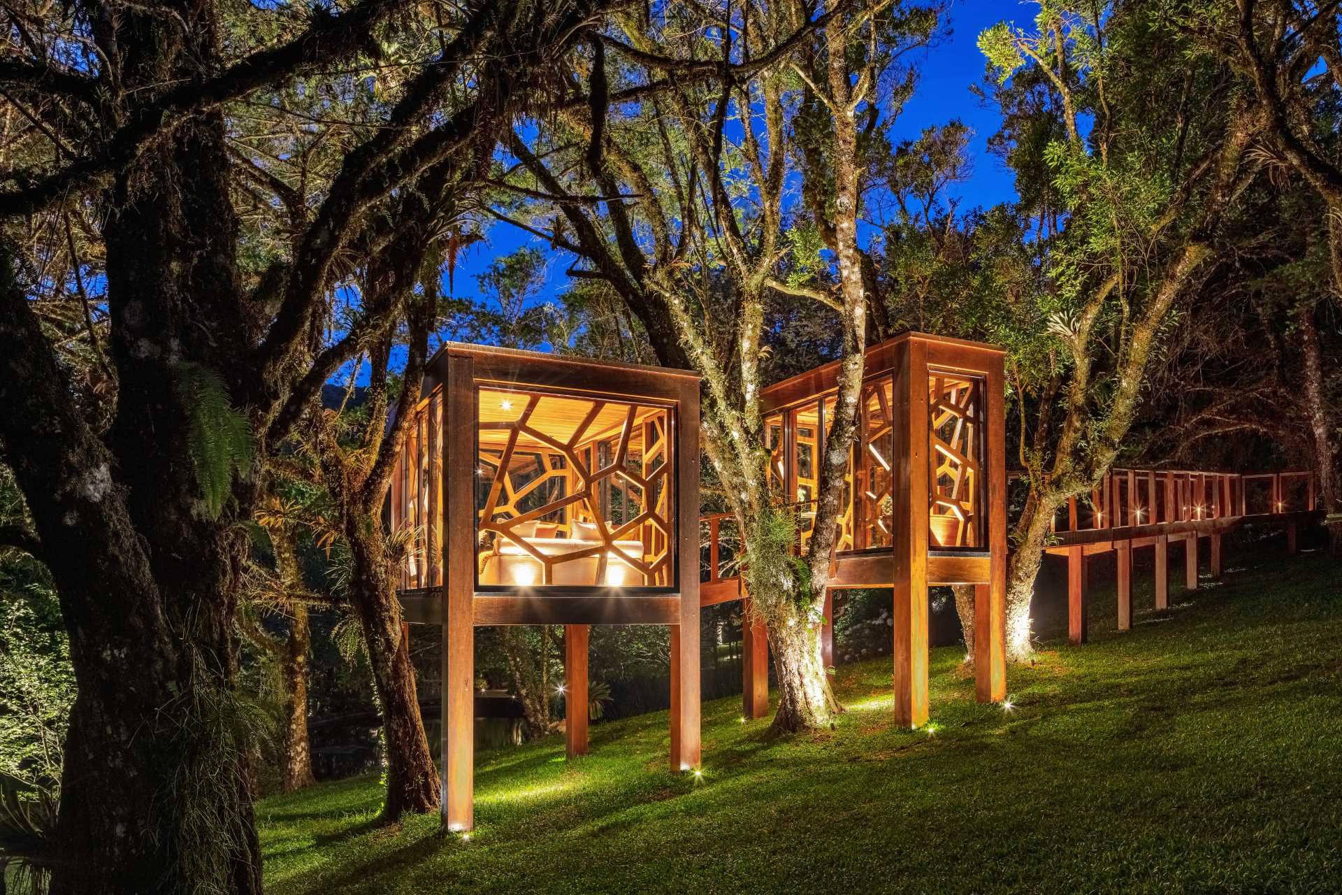 A modern tree house with a reception room and living room.