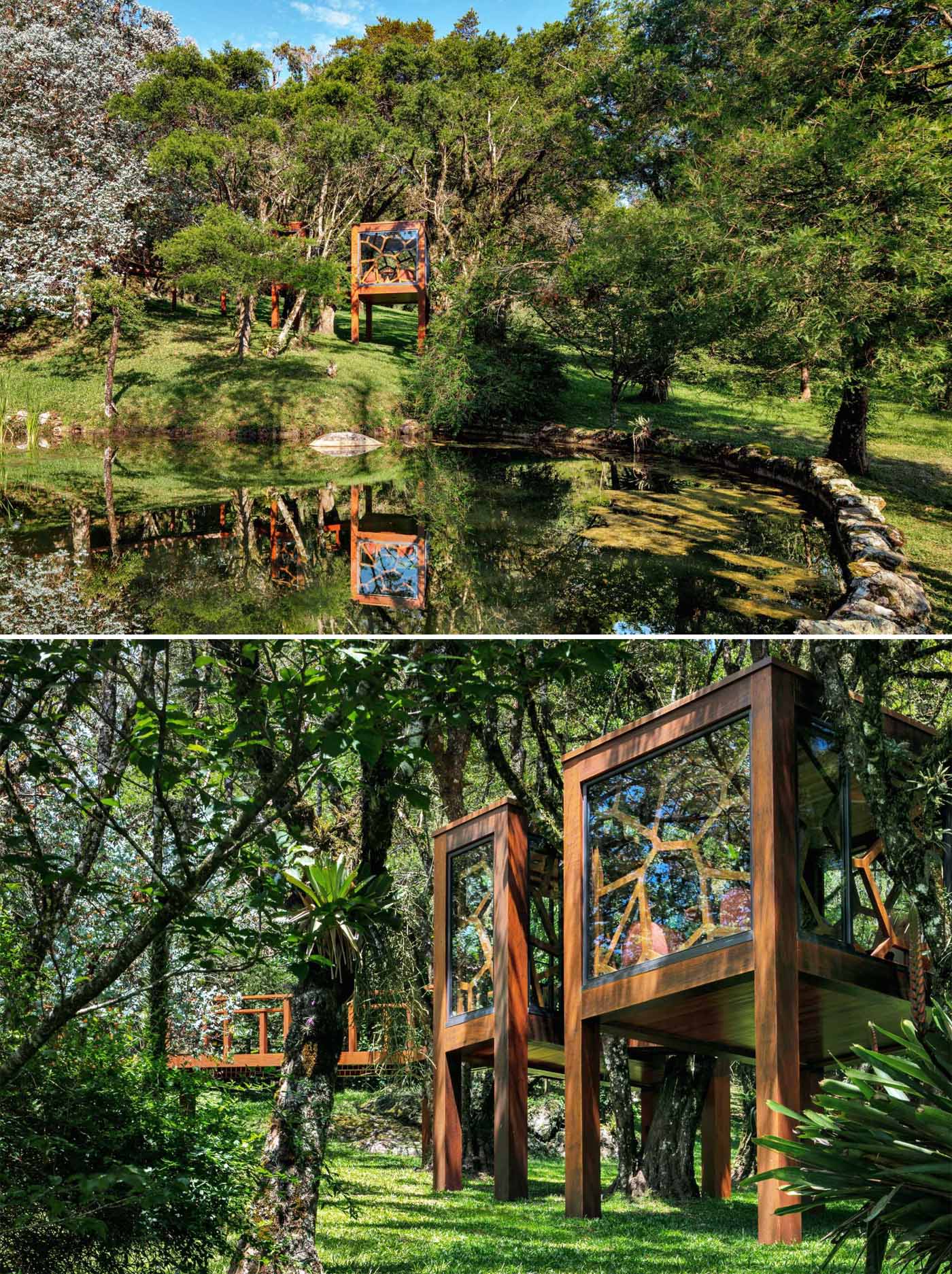 A modern tree house with a reception room and living room.