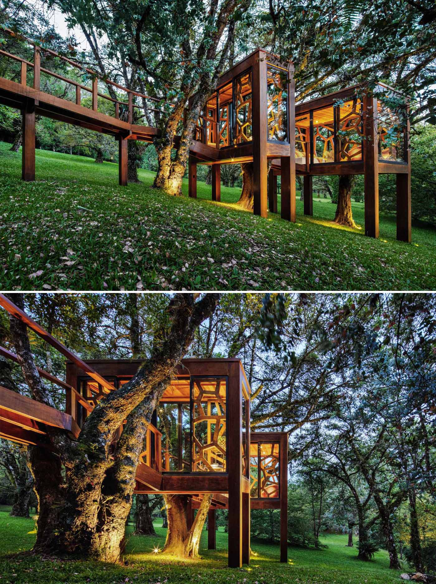 A modern tree house with a reception room and living room that are connected by a bridge.