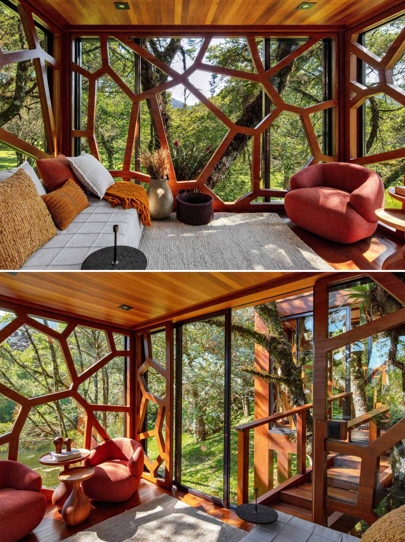 A modern tree house with two rooms that both have leaf-inspired decorative elements.
