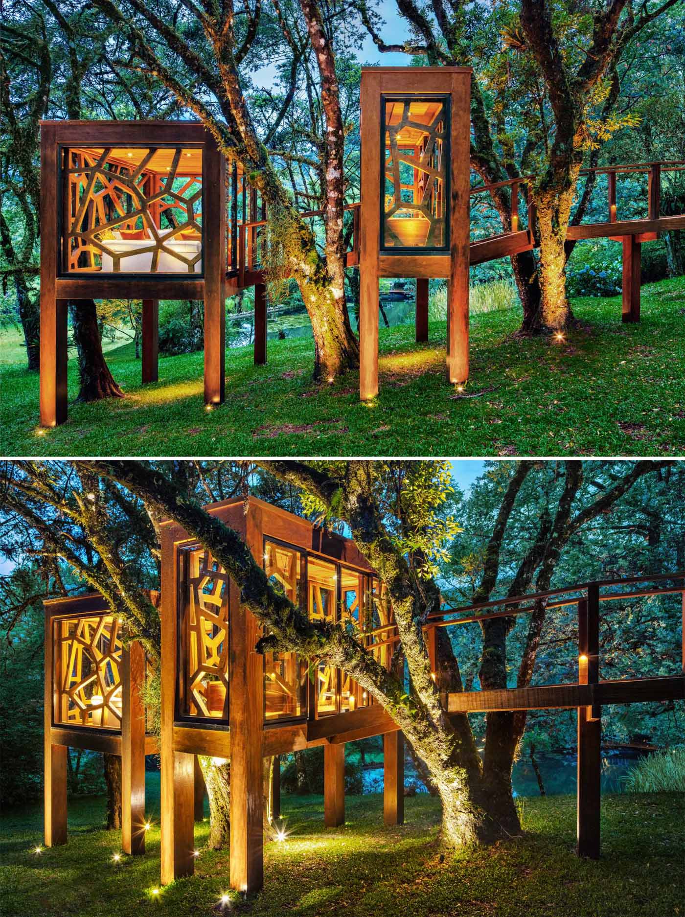 Một ngôi nhà trên cây hiện đại với hai phòng đều có các yếu tố trang trí lấy cảm hứng từ lá cây.