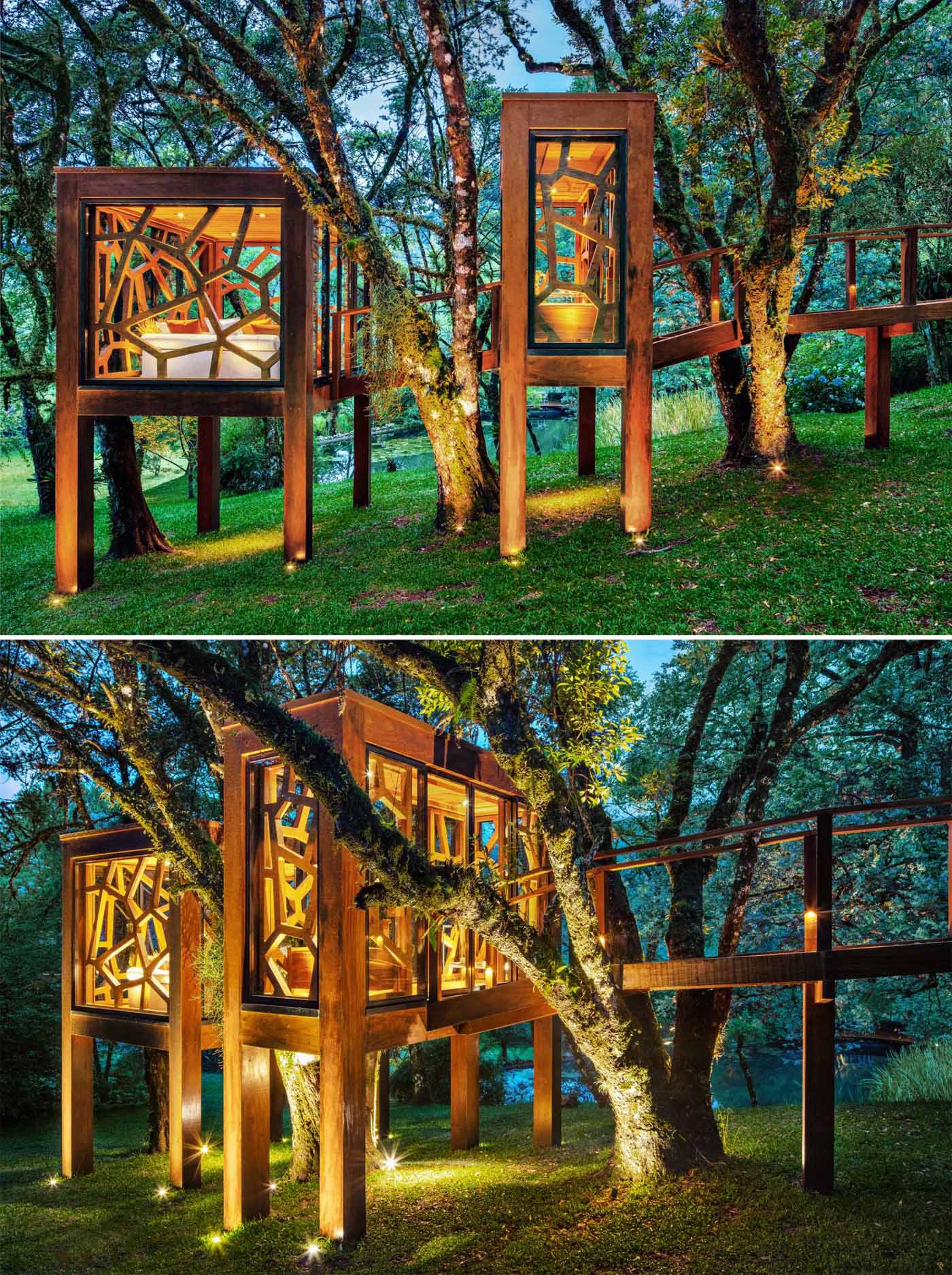 A modern tree house with two rooms that both have leaf-inspired decorative elements.