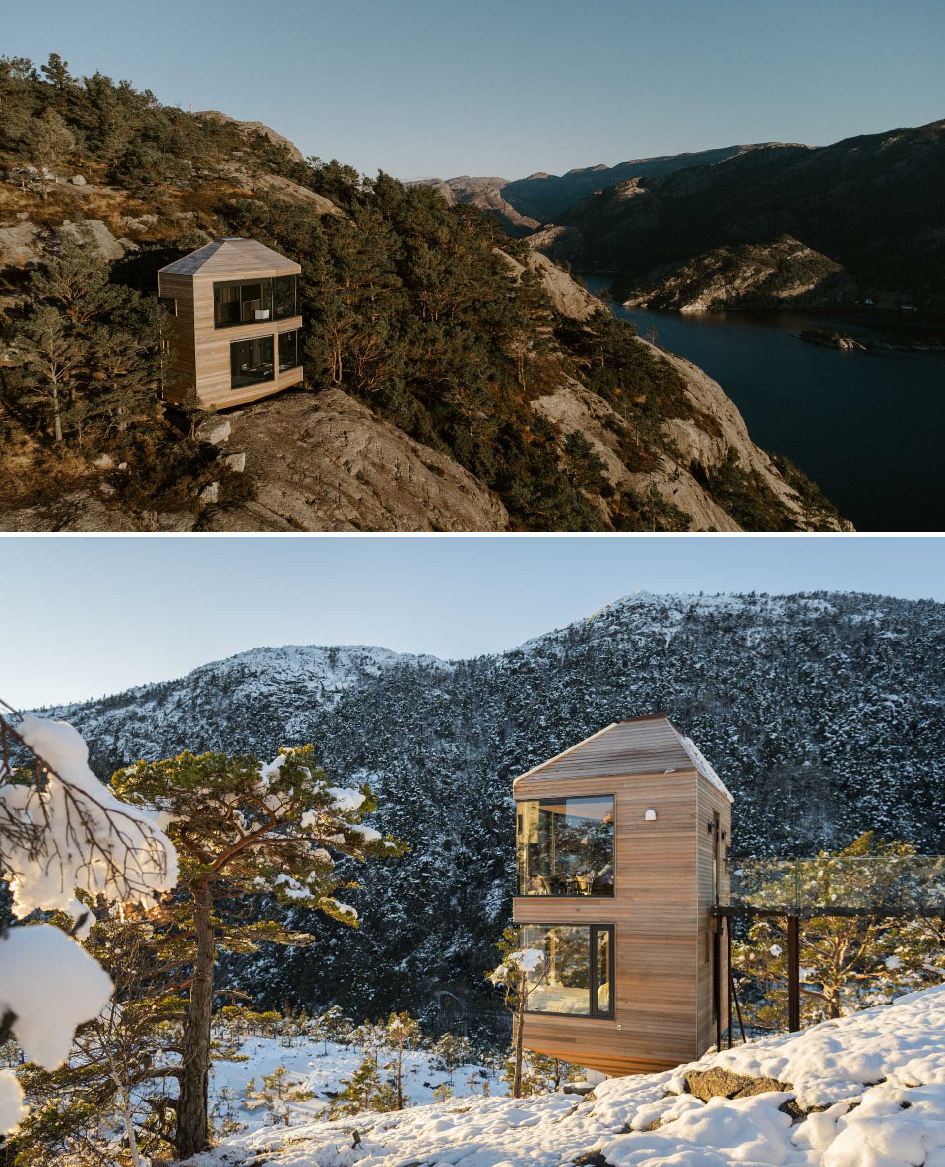 Modern cabins that have been built to blend in with the landscape with a minimal footprint on the surrounding nature.