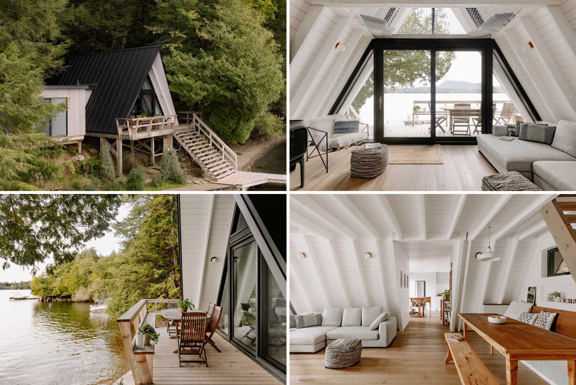 An A-Frame cabin with dark exterior and white interior.