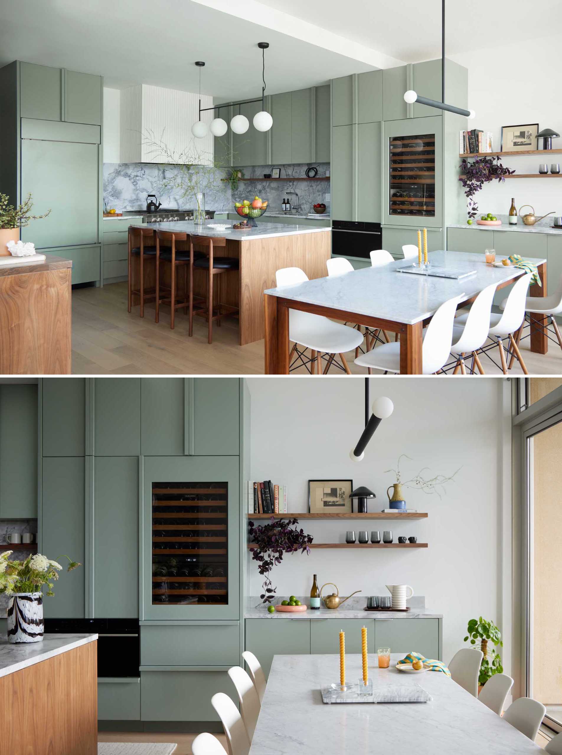 The remodeled kitchen and dining area includes a lighter palette overall, with white oak flooring, soft, creamy green cabinetry in the color of Benjamin Moore’s Rushing River, and Dolomite countertop and backsplash.