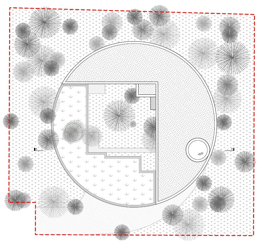 The floor plan of a modern round home.