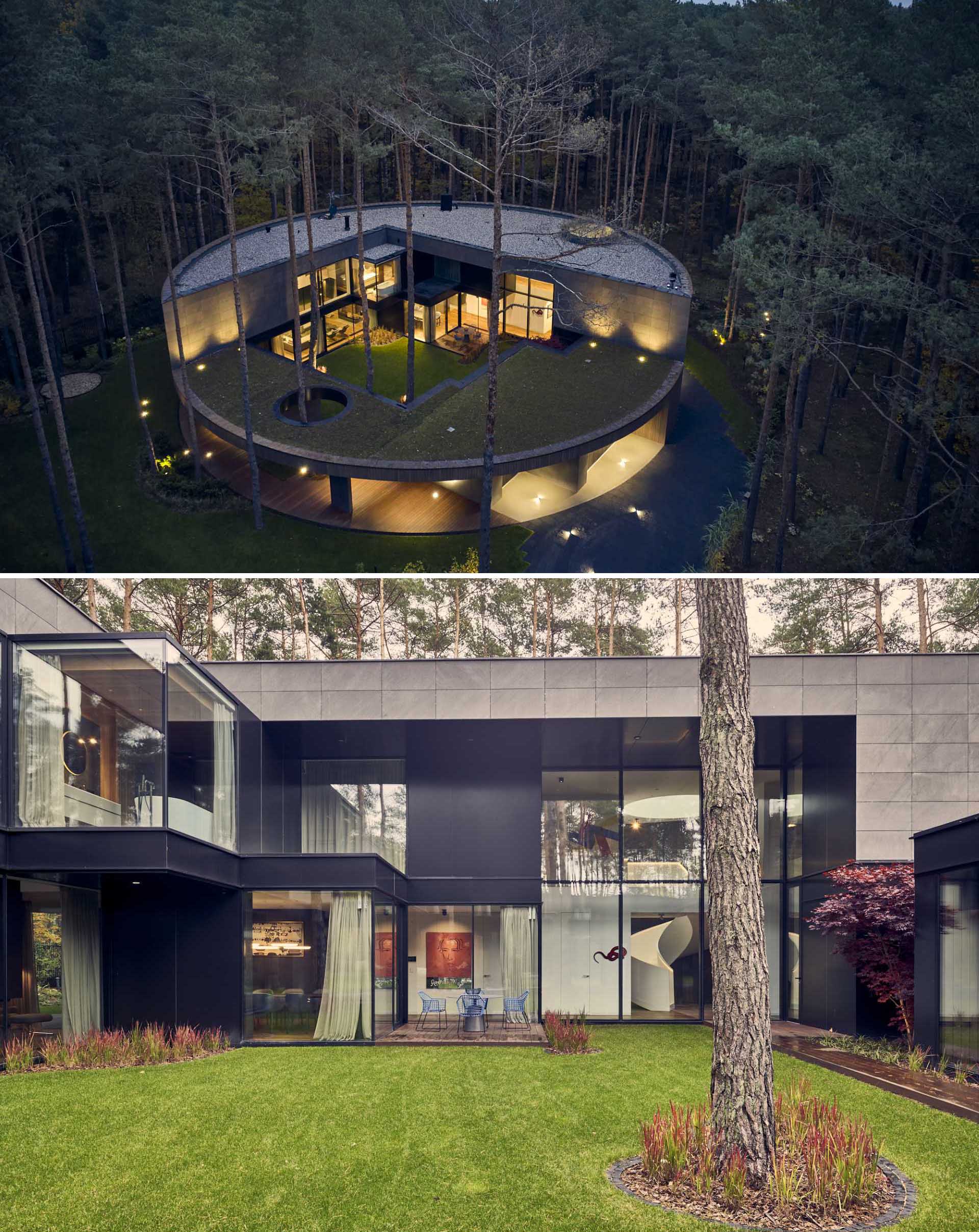 A modern home with a round design.