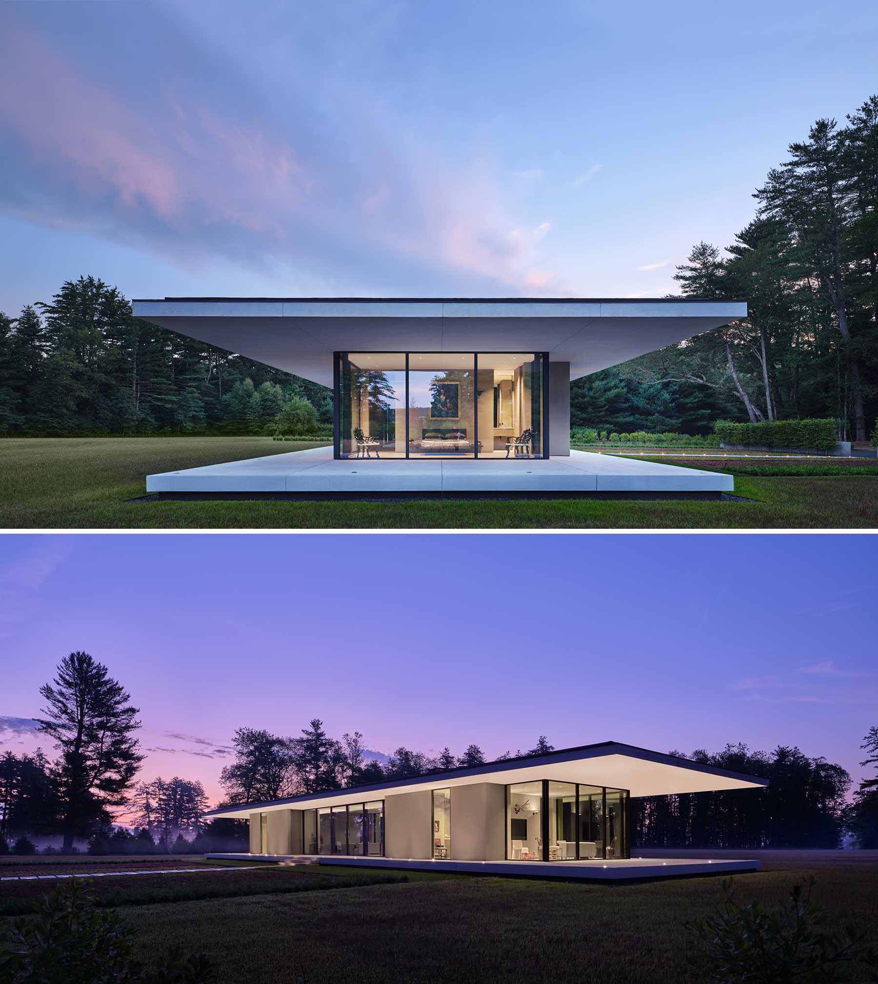 A modern single-storey home with a thin floating roof that cantilevers 15 feet.