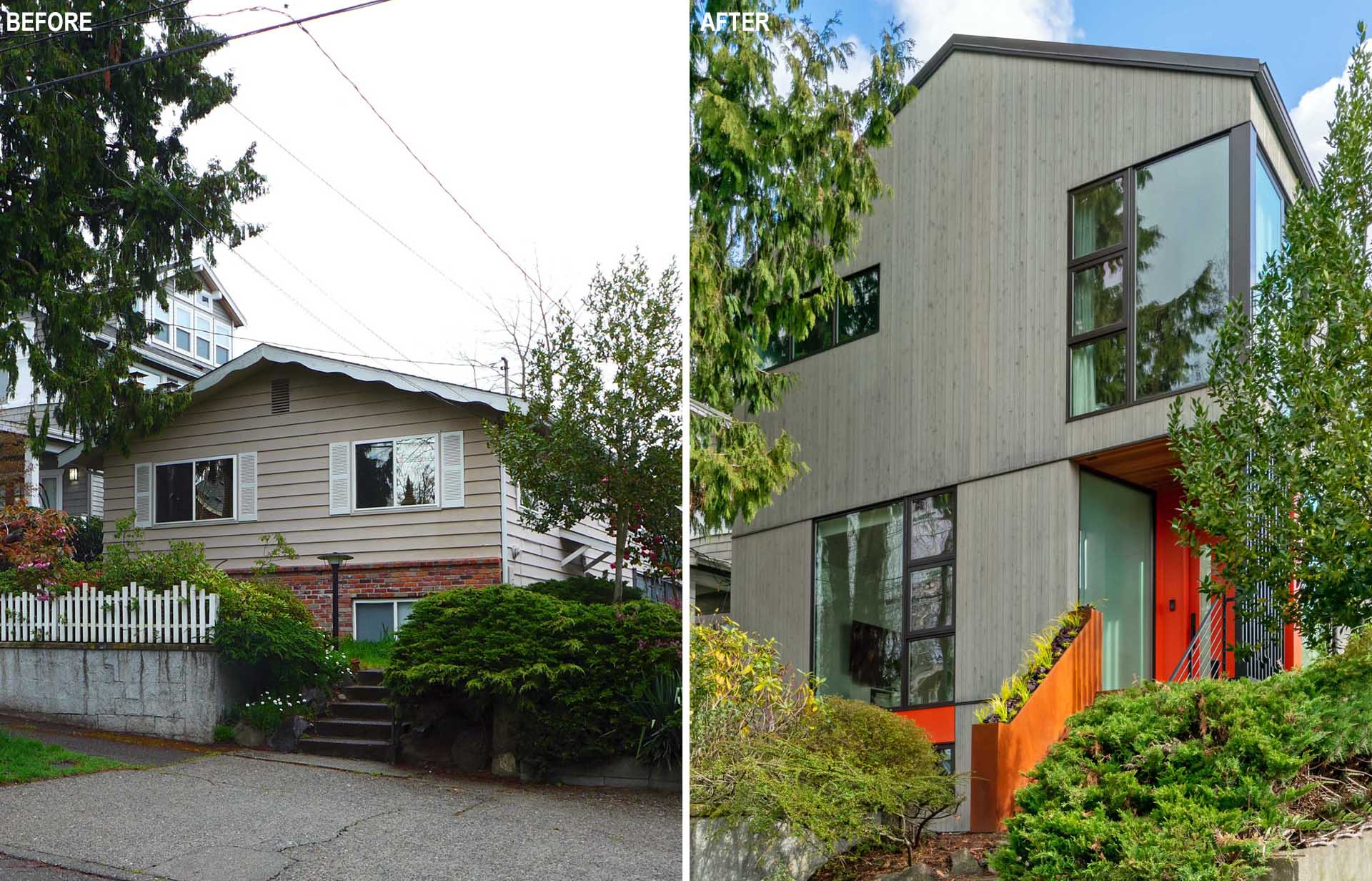 Before & After - A 1960s home was remodeled into a modern house.