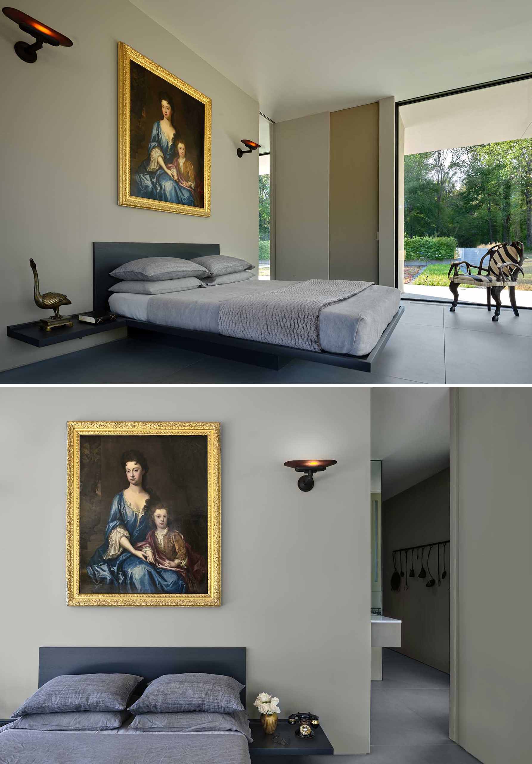 In this primary bedroom, the floating bed and bedside tables are subtle, while the artwork from the owner's collection draws attention.