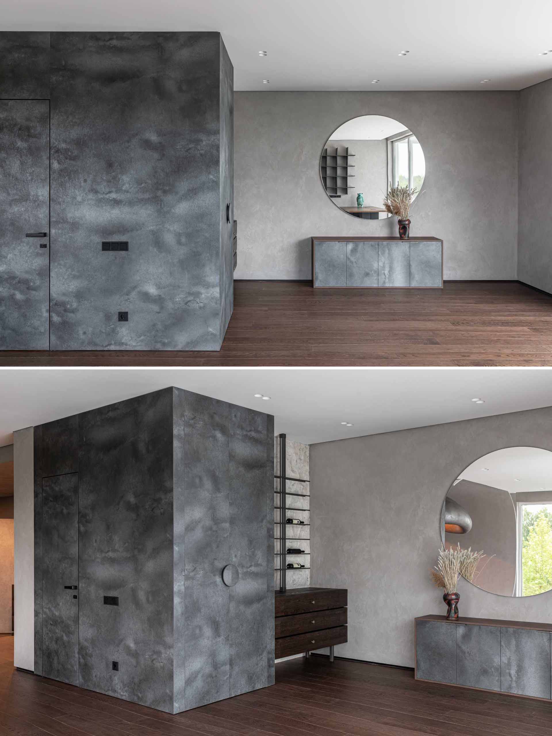 A modern home with a niche that includes wall-mounted wine storage.