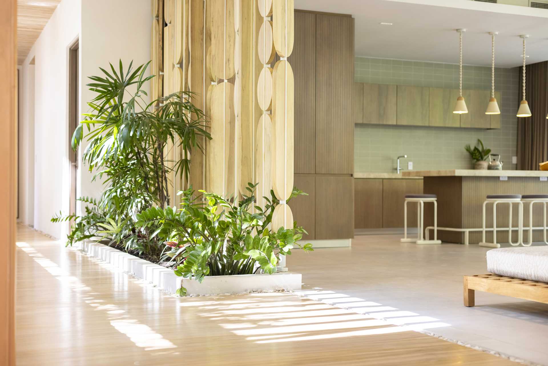 A small inside garden was placed at the entrance of this house giving it a touch of color that balances the light materials.