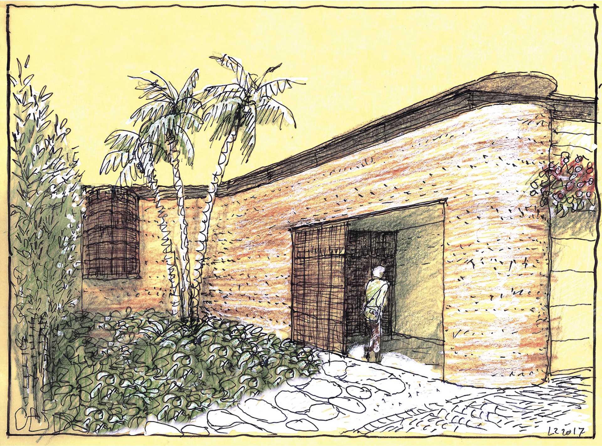 Architectural sketches of a home in Australia with rammed earth walls.