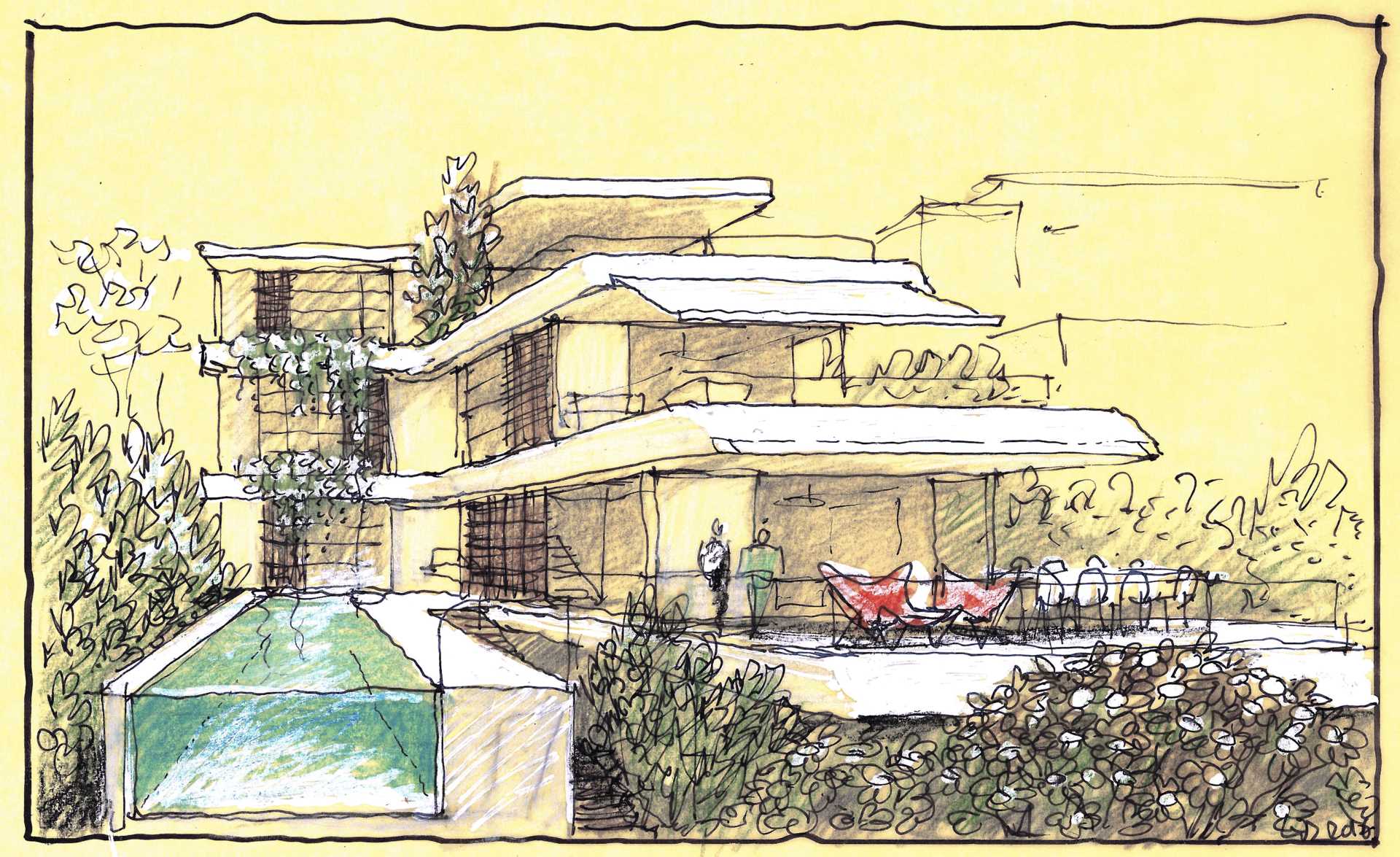 Architectural sketches of a home in Australia with rammed earth walls.