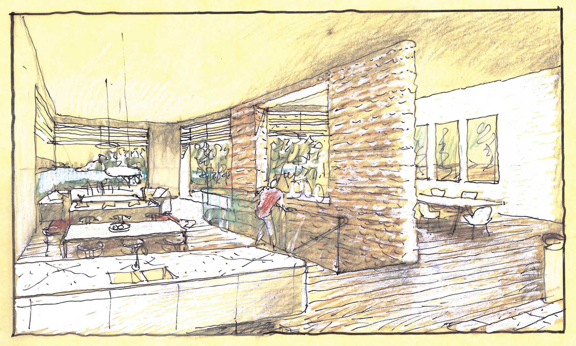 Architectural sketches of a home in Australia with rammed earth walls.