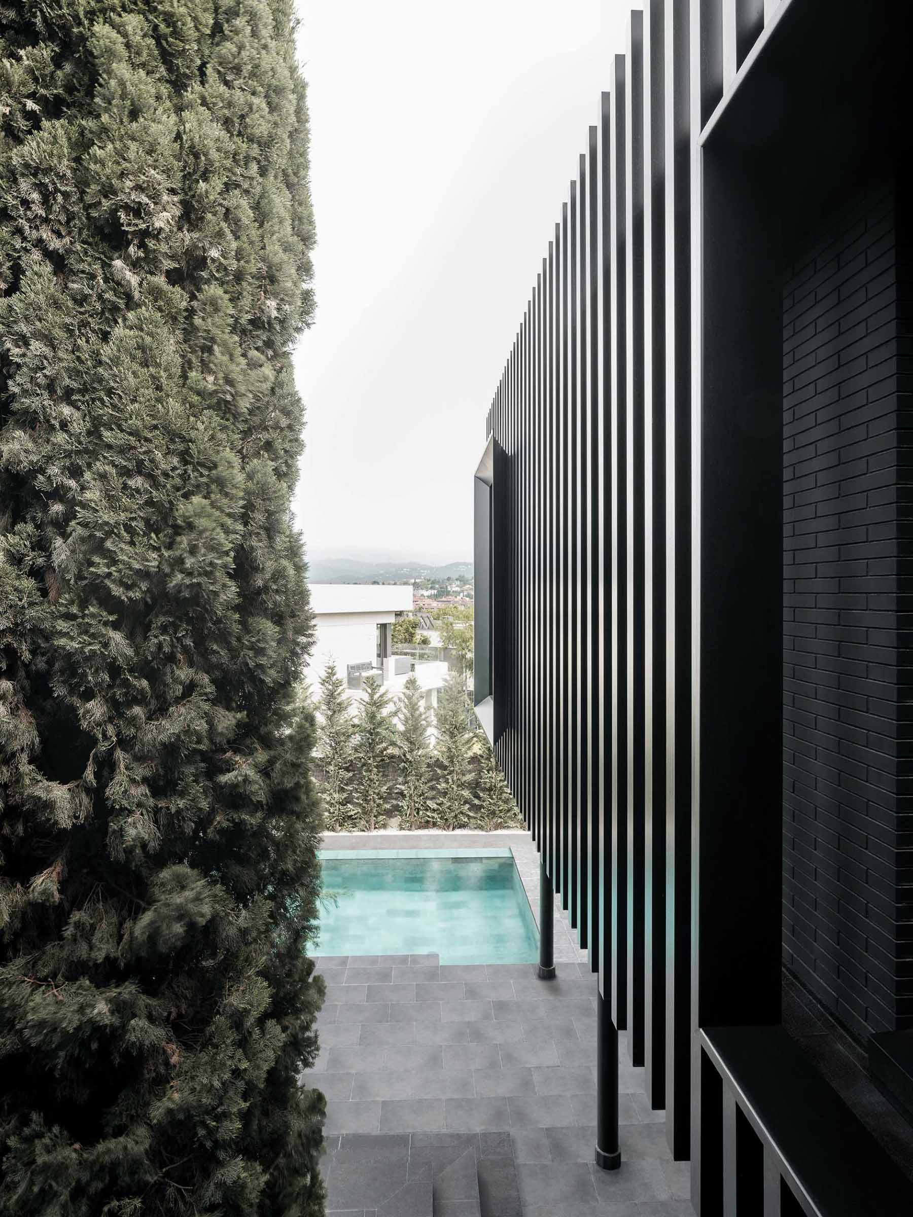 A modern black house has vertical planes that wrap around its exterior, creating a monochromatic appearance.