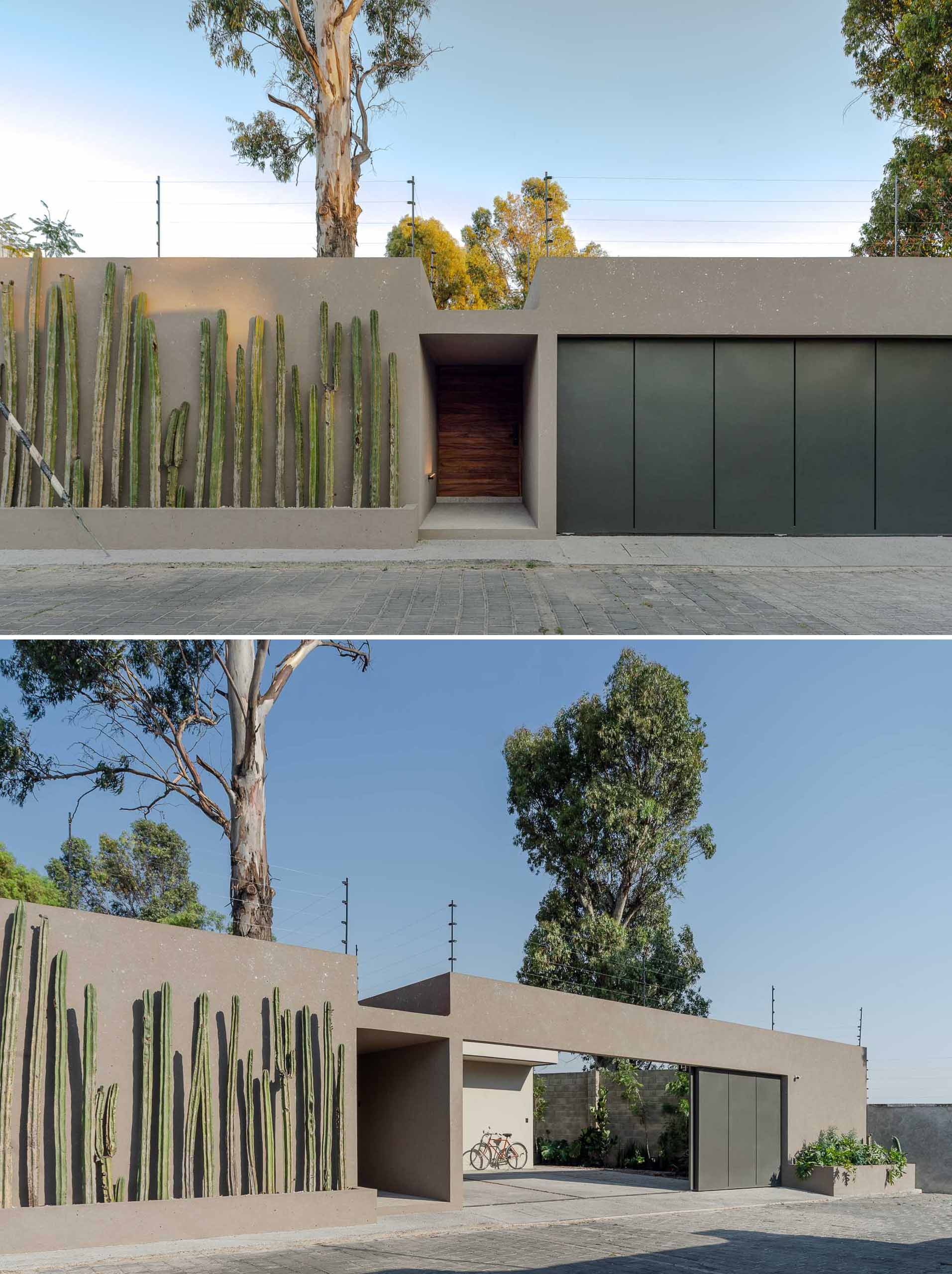 This modern home is built on a site with an irregular shape, however, from the street, it appears as a straight horizontal home, with a large gate and a planter filled with cacti. Separating these two area is a covered path to the front door.