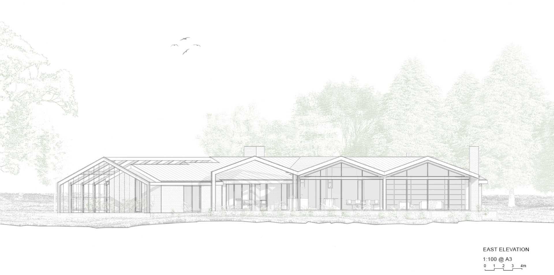 The east elevation diagram of a remodeled modern farm house.