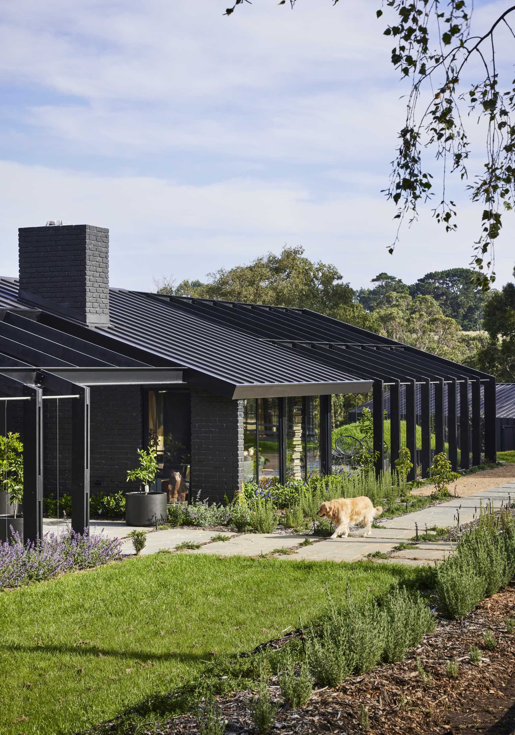 A paved pathway leads past the courtyard and garden, and to the recessed entryway and front door.