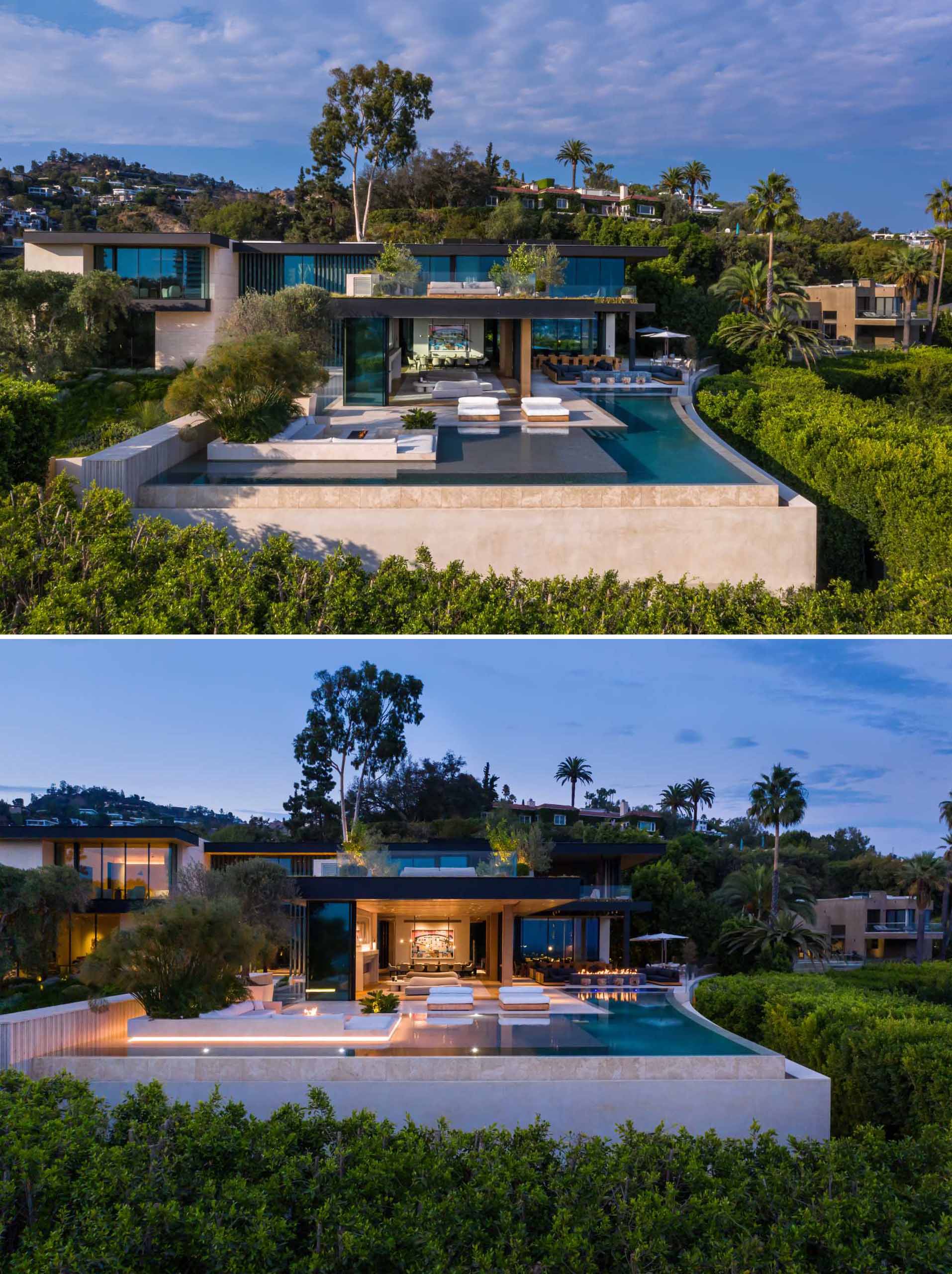 Outdoor lighting highlights the design features and landscaping of this house.