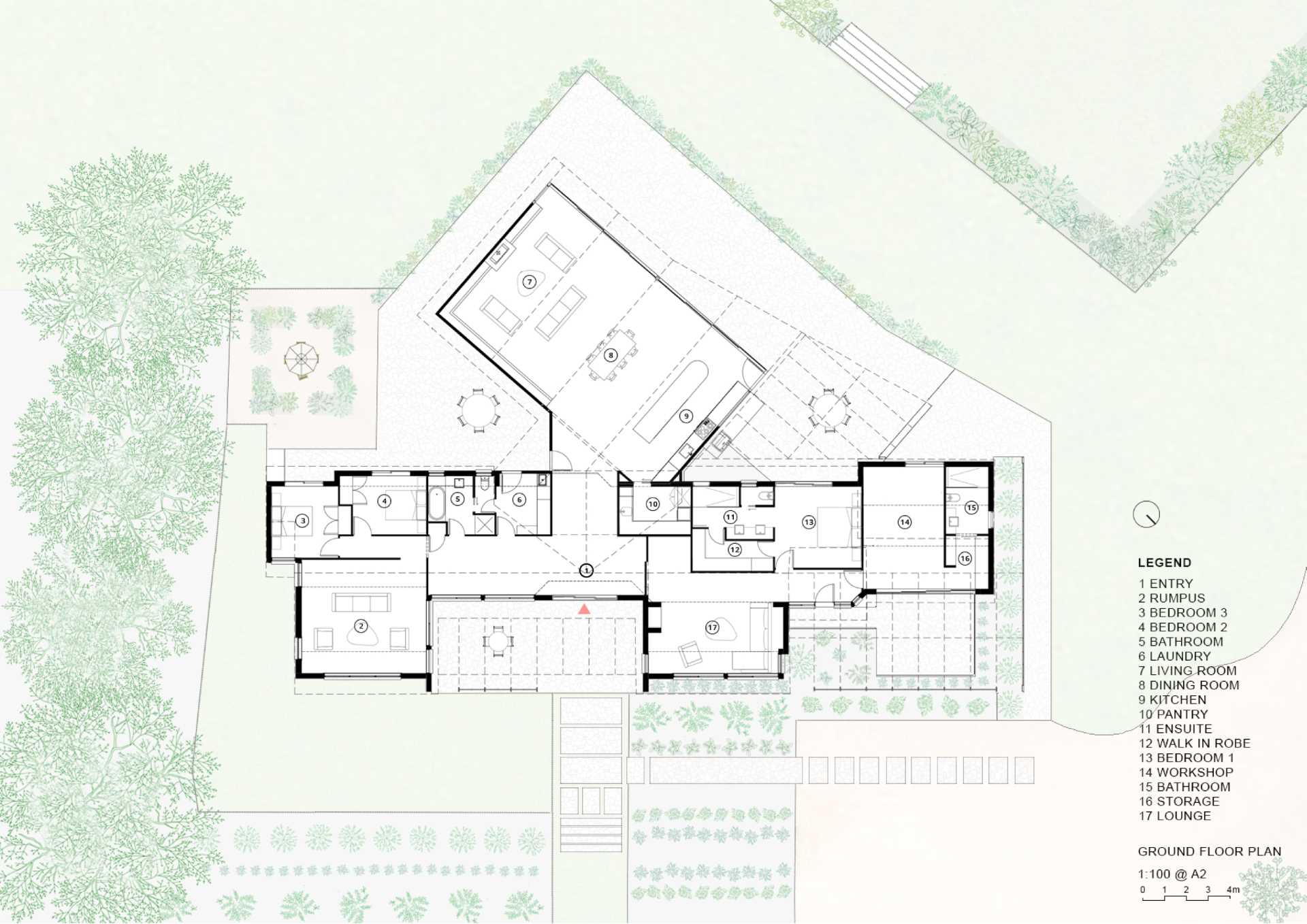 The floor plan of a remodeled modern farm house.