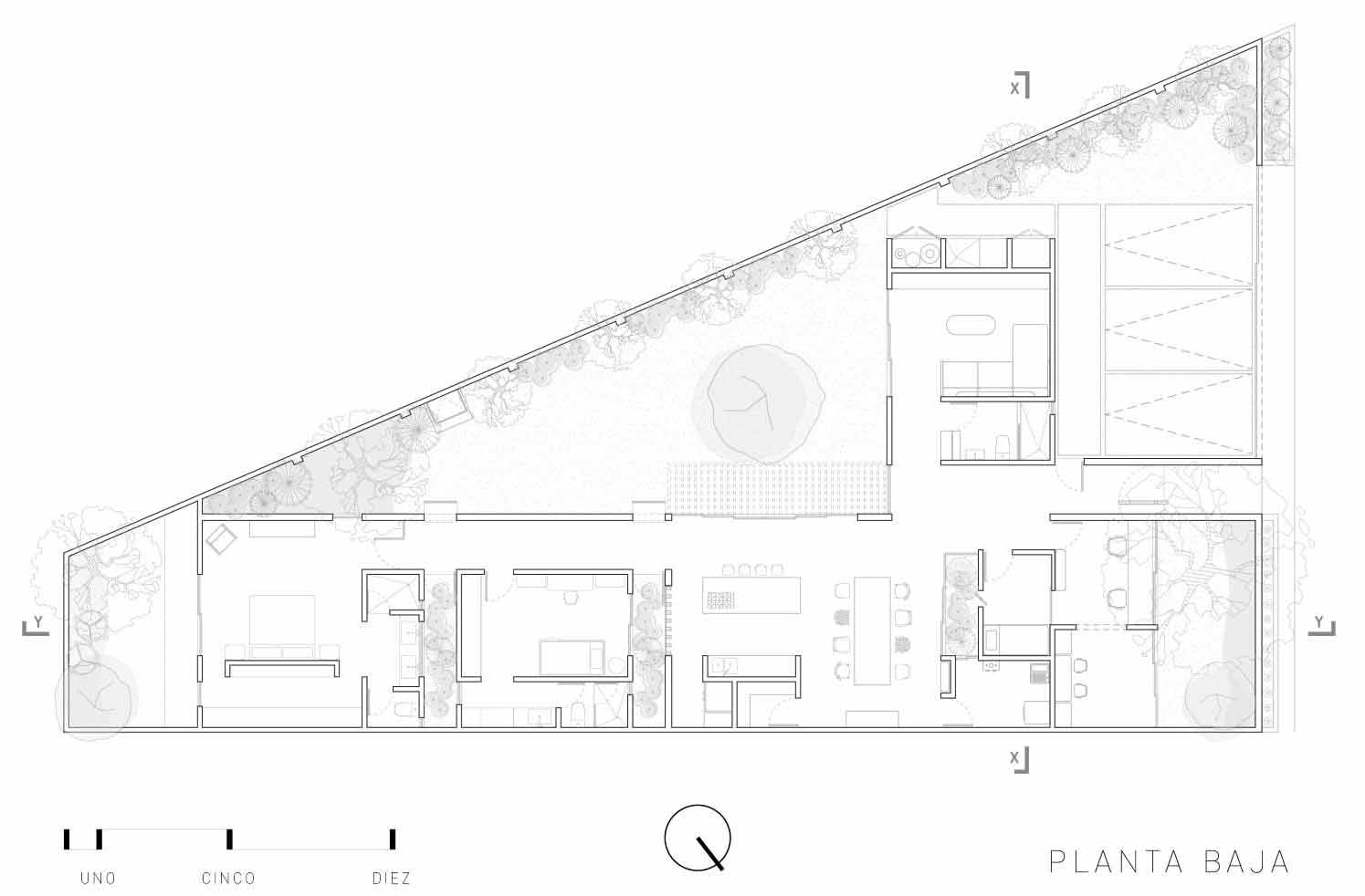 The floor plan of a modern home on an irregular shaped lot.