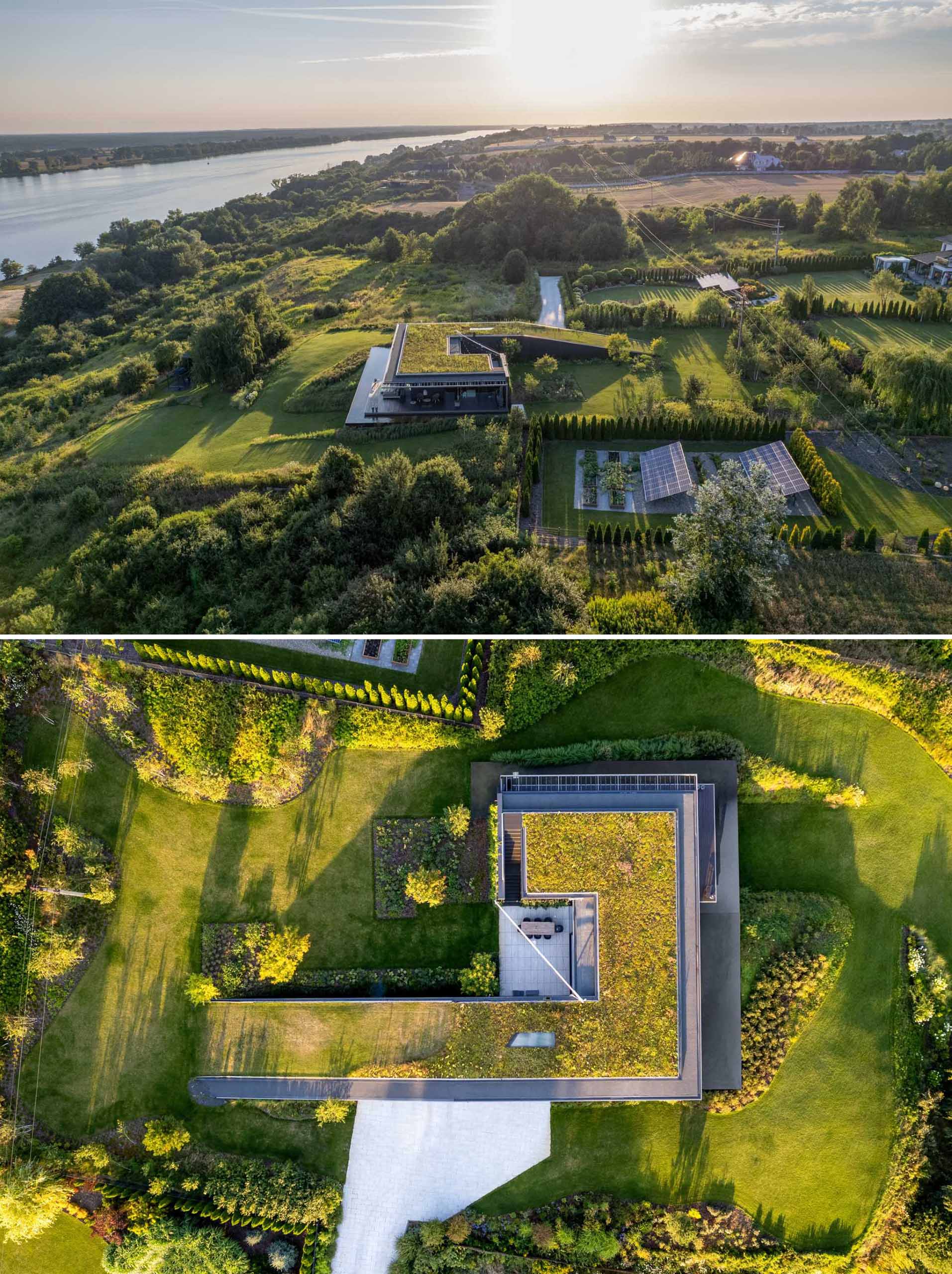 This modern home has been designed to subtly integrate into the natural shape of the land, and allows for a usable green roof.