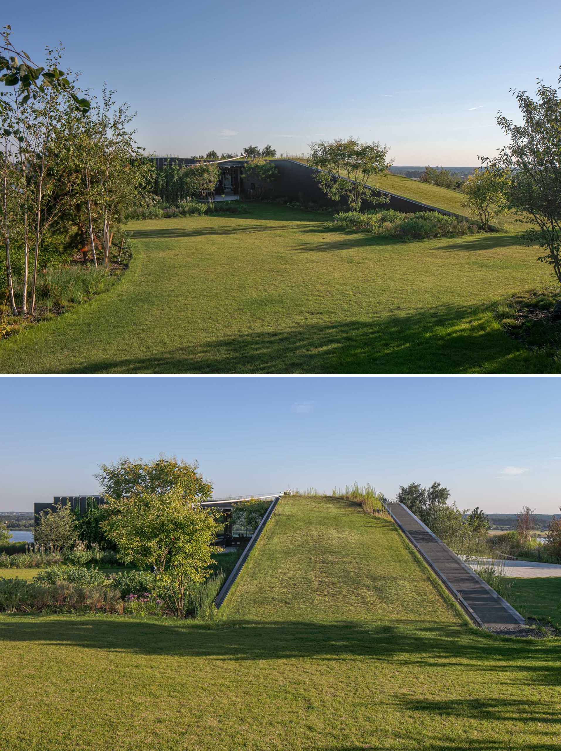 This modern home has been designed to subtly integrate into the natural shape of the land, and allows for a usable green roof.