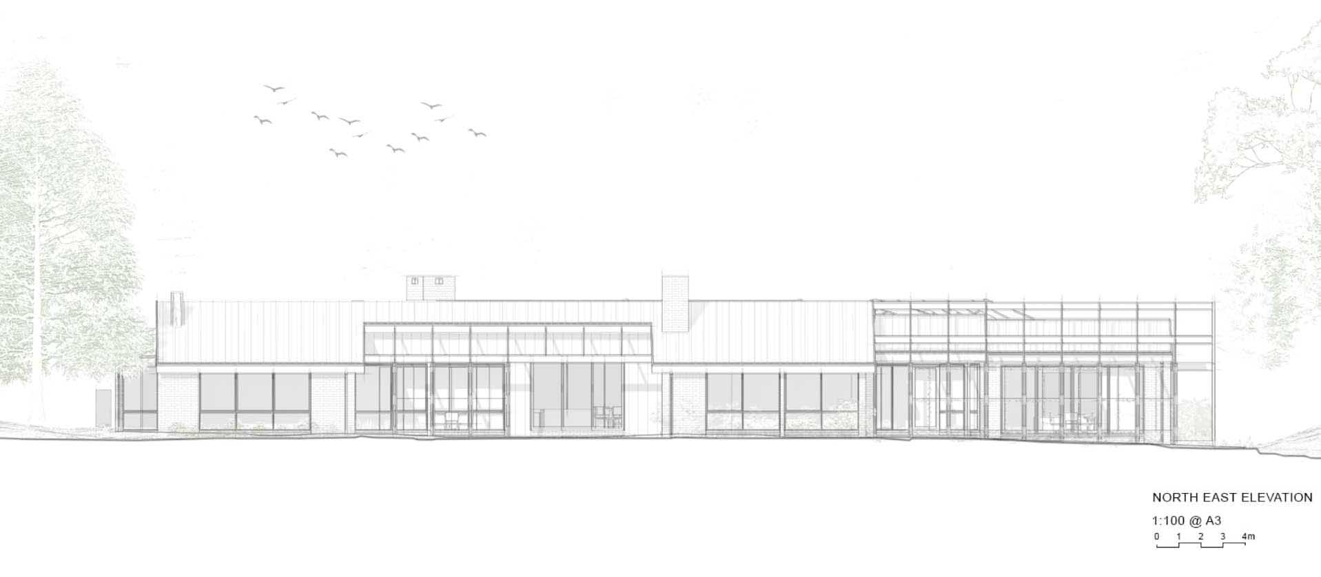 The north east elevation diagram of a remodeled modern farm house.