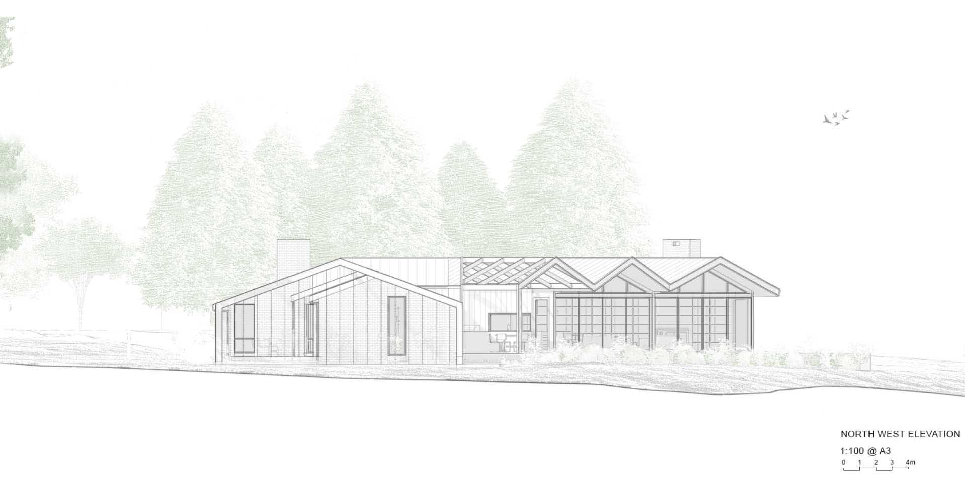 The north west elevation diagram of a remodeled modern farm house.